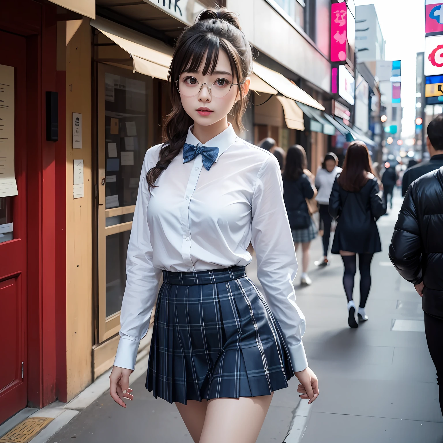 （8K、Raw photography、top-quality、​masterpiece：1.2）,full body Esbian,​masterpiece,top-quality、超A high resolution,Raw photo,ren,Beautiful fece,One Person, 独奏,eye glass,,Dark look,Small breasts,fullllbody,Round glasses、cute little、A Japanese Lady,is standing,(Tight eyes,Bullish,skinny,Rasping,irate,small tits,flat breast)、（Photorealsitic：1.37）、Photon mapping,Light blue ribbon,Realistic、Cute little face,Brown-eyed、Black socks、Red bow tie、Radio City、Physically Based Rendering、Foreground、depth of fields、Blurry background、a picture,The girls、Body, Long legs, Thin leg, Single knot ponytail,Let your hair flow forward、(Bangs are visible), hair, s lips, Blue_The eye, nosesoft,  Light blue shirt, Navy blue and blue and white plaid pleated skirt, Sheer clothing,, Thigh, Black cotton socks,Nogizaka Idol, 女優, Japanese ido