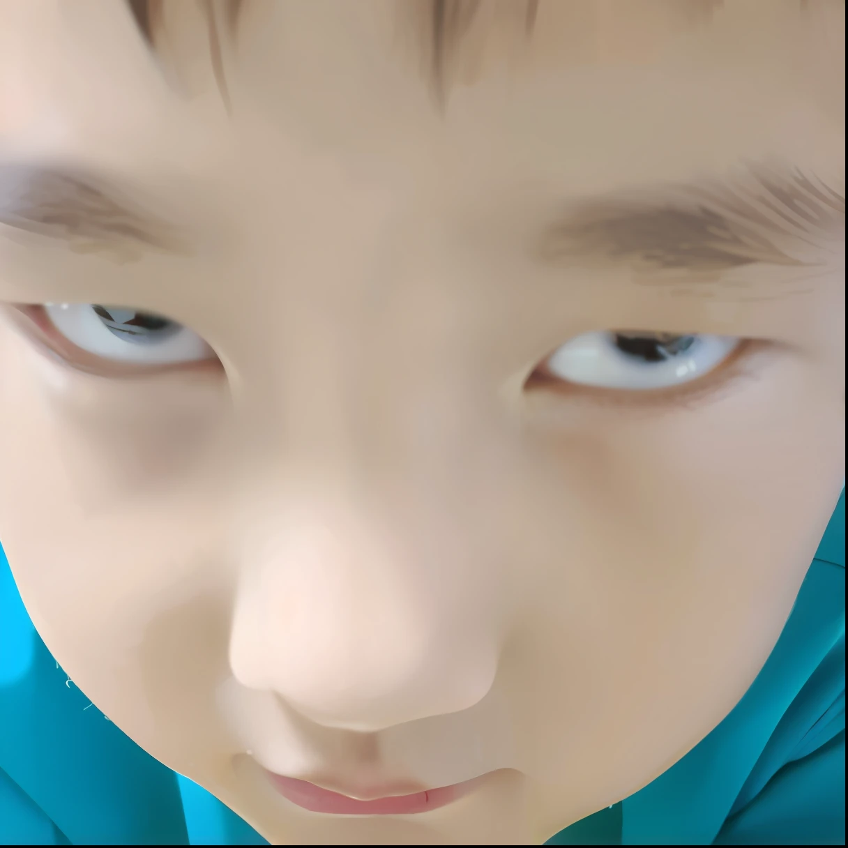 There was a little boy wearing a blue shirt and green tie, looking up at camera, look straight at the camera, look straight at the camera, Clear eyes look at the camera, looking up at camera, look straight at the camera, detailed face of a asian boy, staring right into camera, Look at the camera intently, look straight at the camera