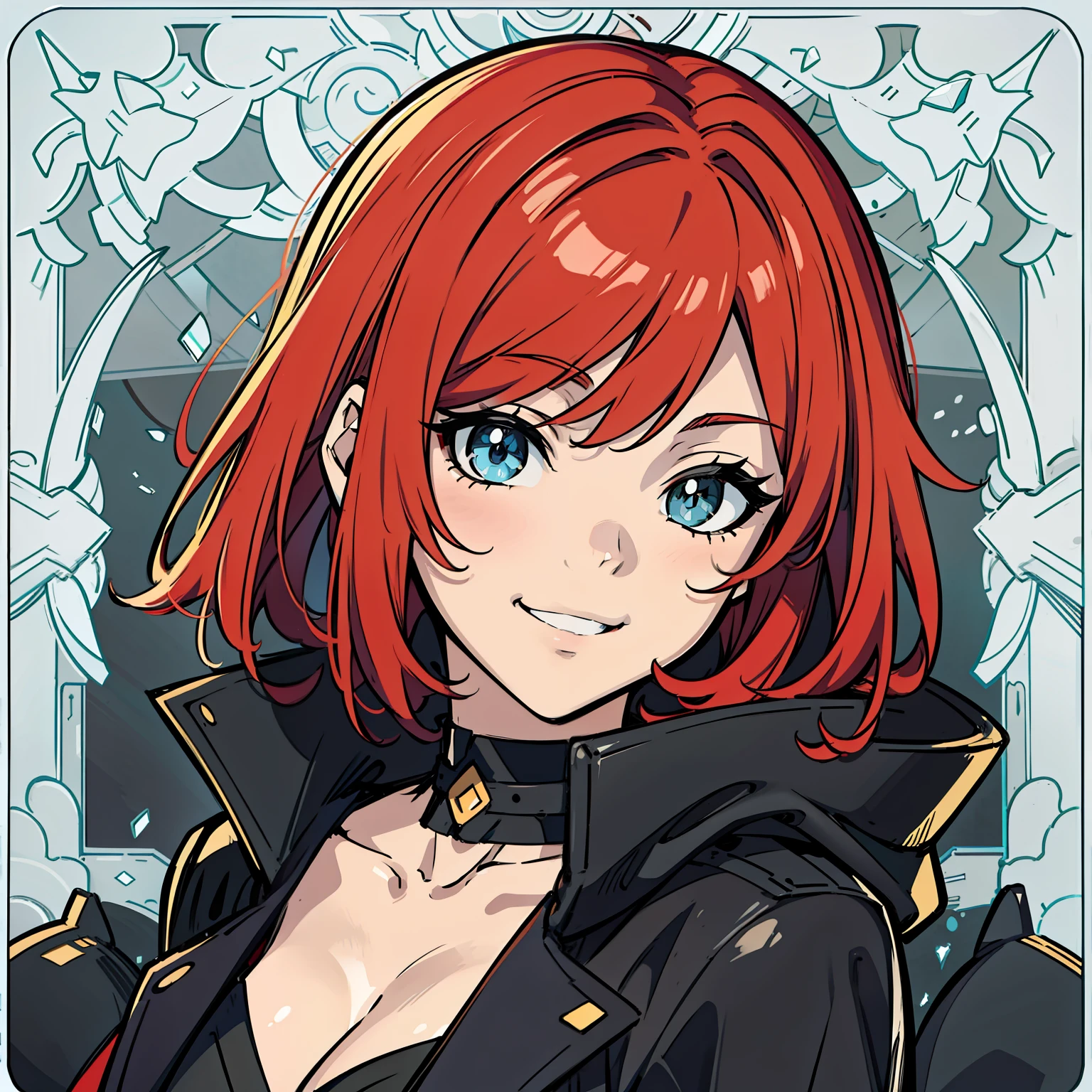 Anime - image in the style of a woman with red hair and aquamarine eyes,A slender,scarlet colored hair,Medium Hair,bob cuts,Wavy Hair,Black coat,Light crimson flame, Female protagonist 👀 :8, portrait n - 9, Portrait of a female anime hero, crisp clear rpg portrait, cyarine, Fine details,girls' frontline,detailed anime character art,kindly smile,