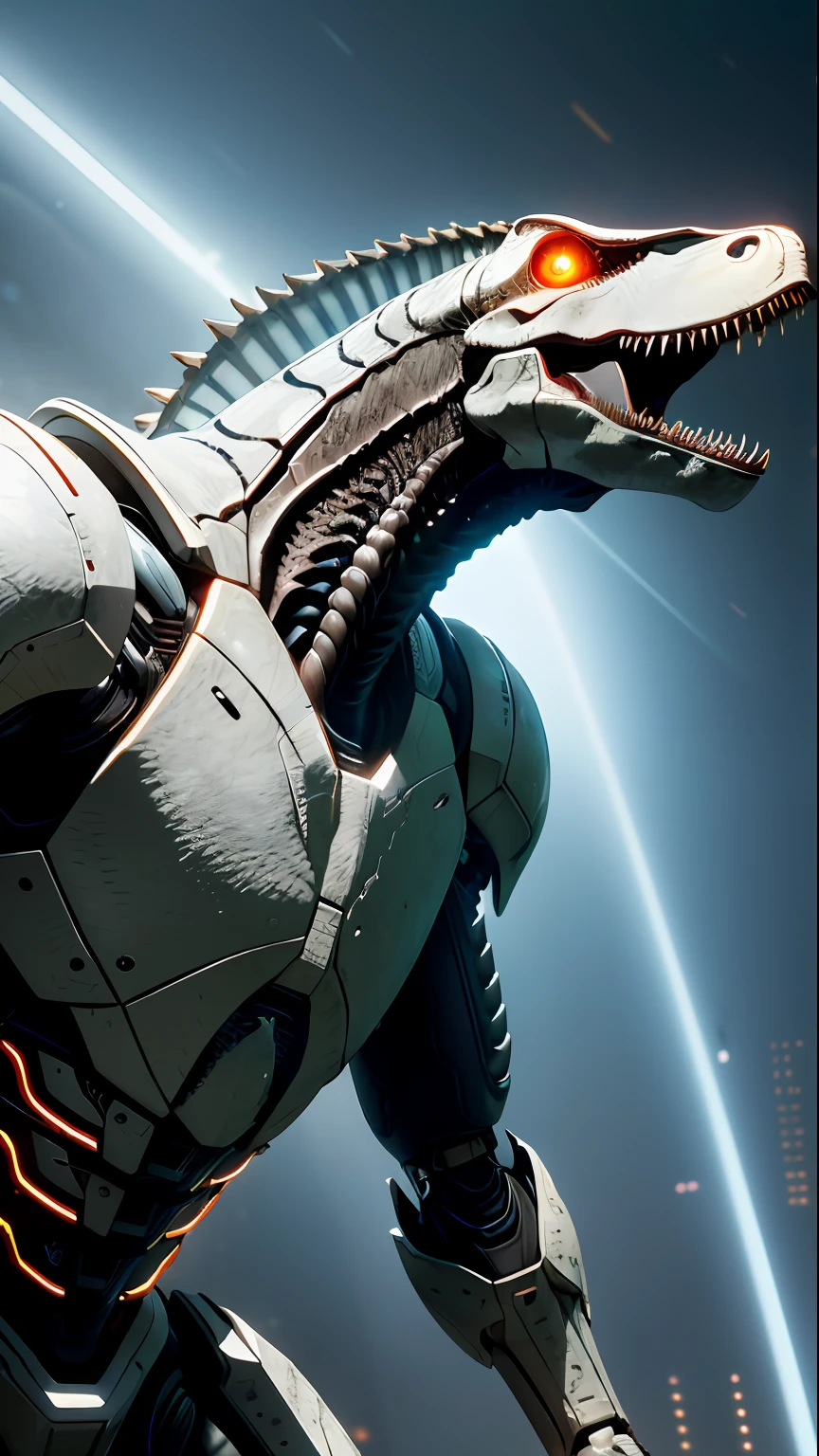 biomechanical dinosaur shaped cyborg, glowing eyes, helmet, white plastic, diffuse lighting, fantasy, intricate, elegant, (dynamic background), highly detailed, lifelike, photorealistic, elegant, sharp focus, photo by greg rutkowski, soft lighting, vibrant colors, masterpiece, IvoryGoldAI