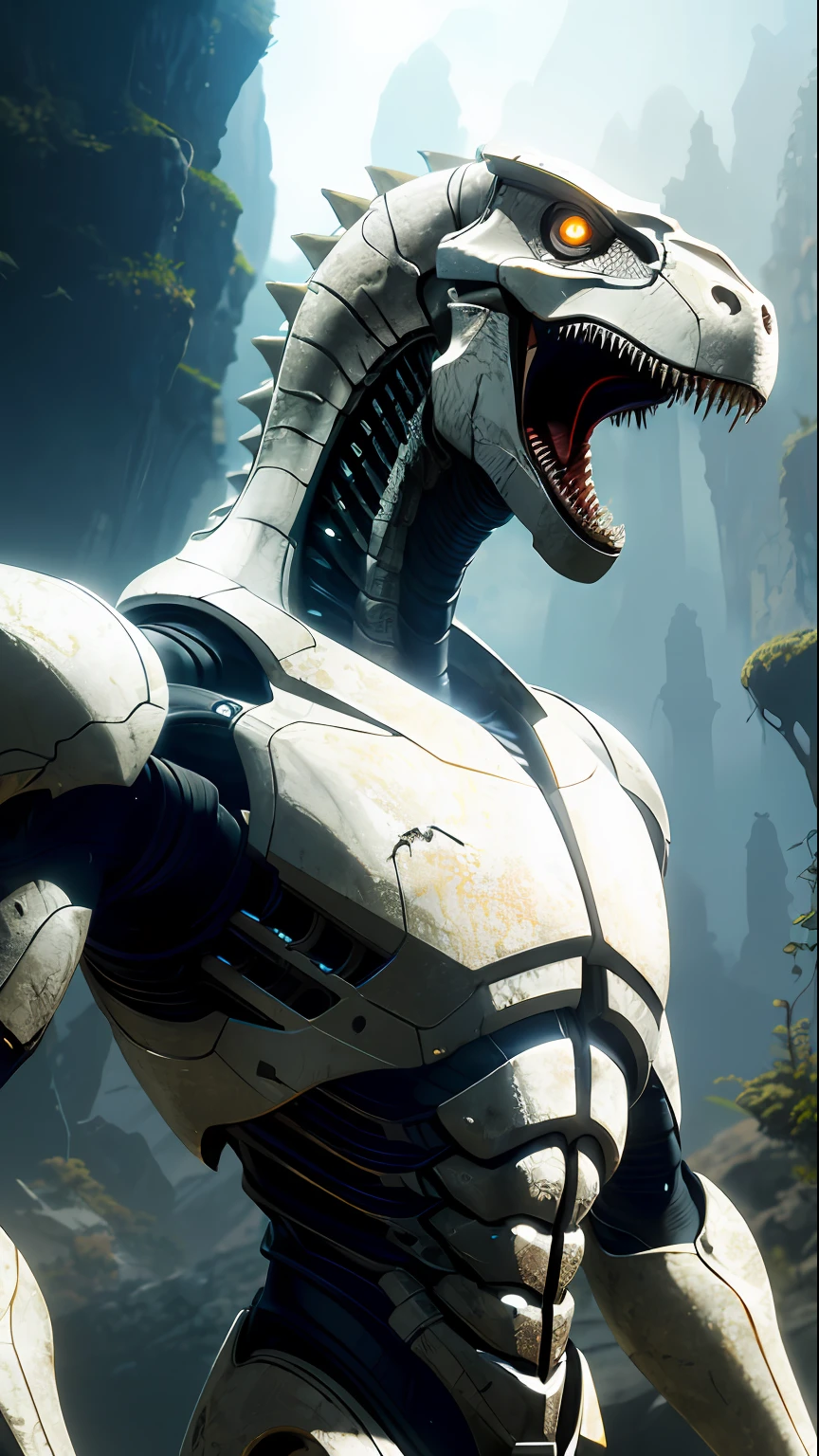 biomechanical dinosaur shaped cyborg, glowing eyes, helmet, white plastic, diffuse lighting, fantasy, intricate, elegant, (dynamic background), highly detailed, lifelike, photorealistic, elegant, sharp focus, photo by greg rutkowski, soft lighting, vibrant colors, masterpiece, IvoryGoldAI