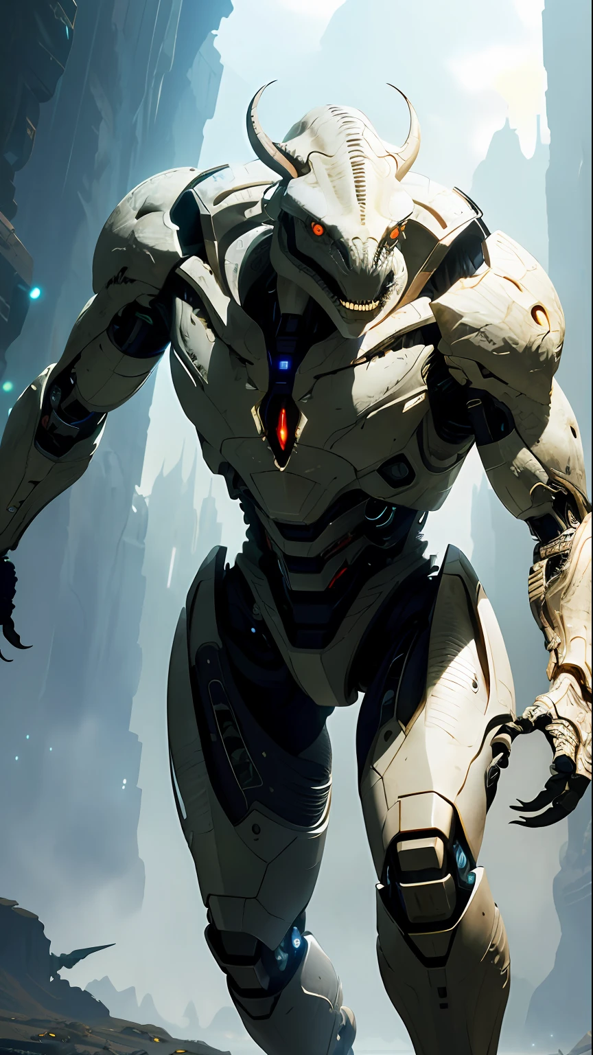 biomechanical dinosaur shaped cyborg, glowing eyes, helmet, white plastic, diffuse lighting, fantasy, intricate, elegant, (dynamic background), highly detailed, lifelike, photorealistic, elegant, sharp focus, photo by greg rutkowski, soft lighting, vibrant colors, masterpiece, IvoryGoldAI