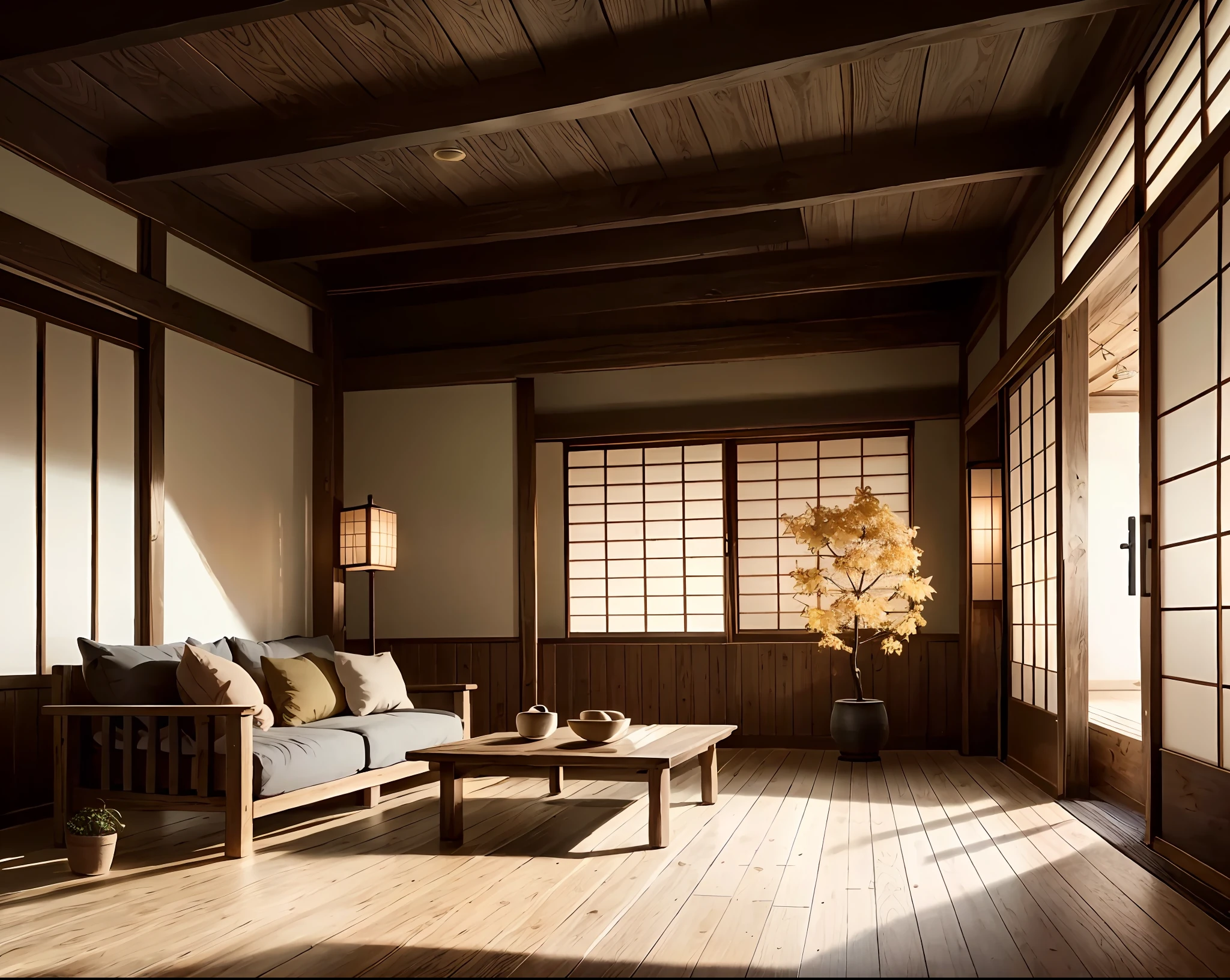 hight resolution、imagination、(realisticlying)、nohuman、Old-fashioned Japanese-style living room、wooden plank floor、Between planks、Dark indoor、Stylish Japanese style、Dark indoor、Autumn leaves outside the small window、No humans、(nffsw:1.5)intricate detailes、