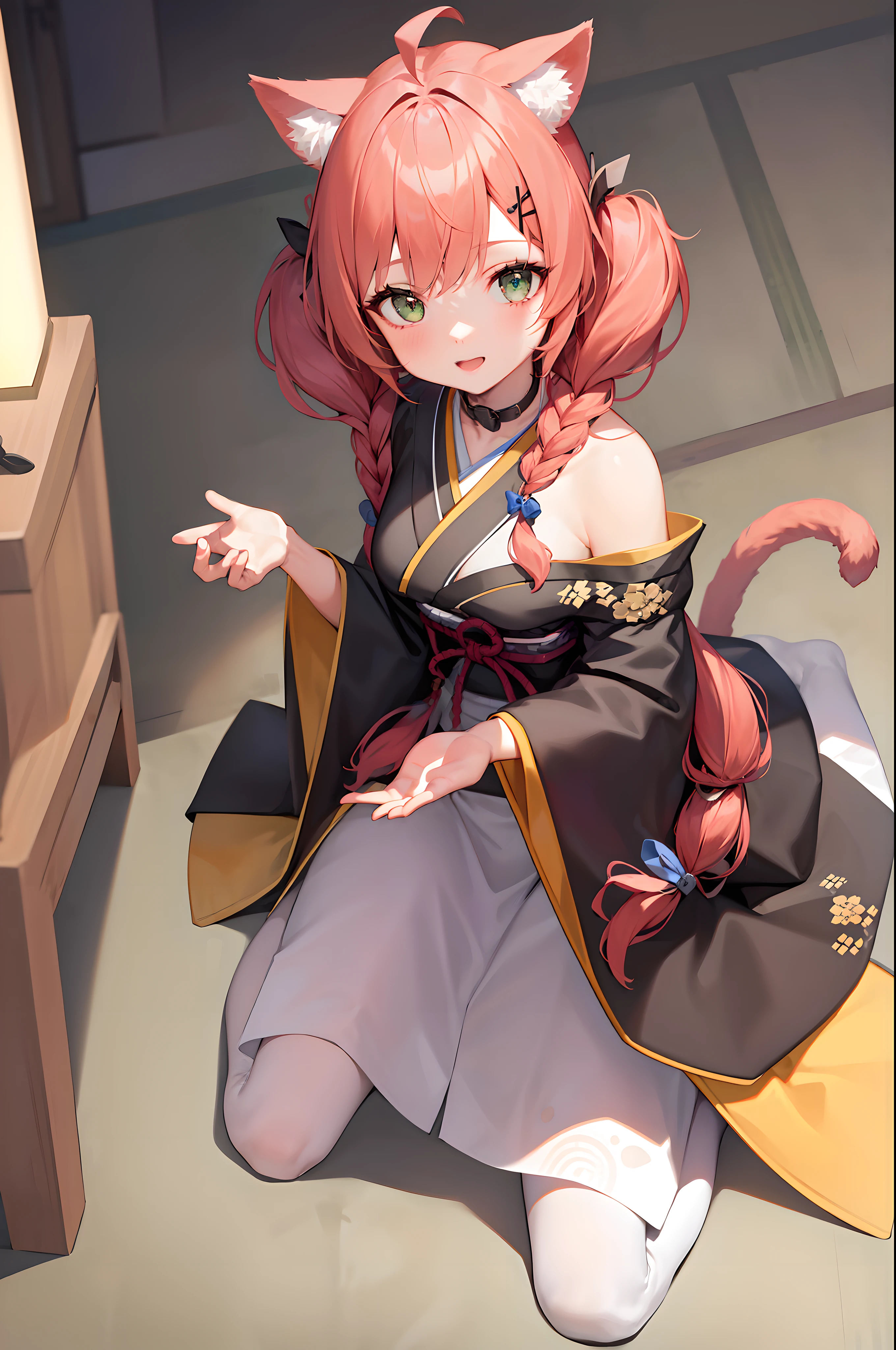 (medium shot, overhead view:1.5), masterpiece, 4k, best quality, dynamic angle, 1girl, cat girl, charming, delicate, extremely cute, medium breasts, red hair, ahoge, long hair, side locks, hair braids, detailed eyes, green eyes, animal ears, (Japanese haori:1.3), choker with (enormous twin handbells), belt, hair clips, blush, detailed background,