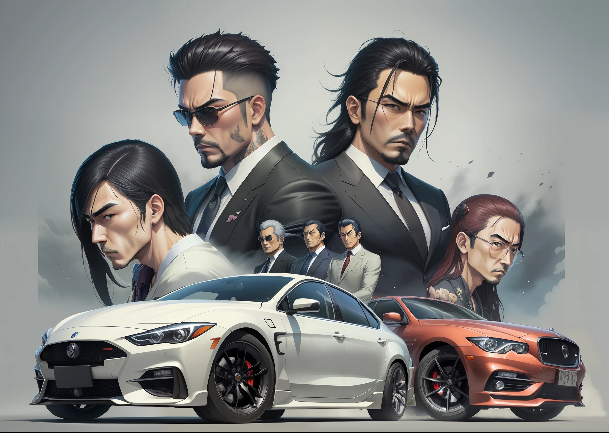 Five Yakuza, in suit, studio ghibli art style, different poses front on the car, epic, male, perfect car, perfect face, Black, katana, ultra illustration, high detailed, 90s, epic cinematic, dangerous man, perfect anatomy body, perfect face line,3d, photorealistic, digital art