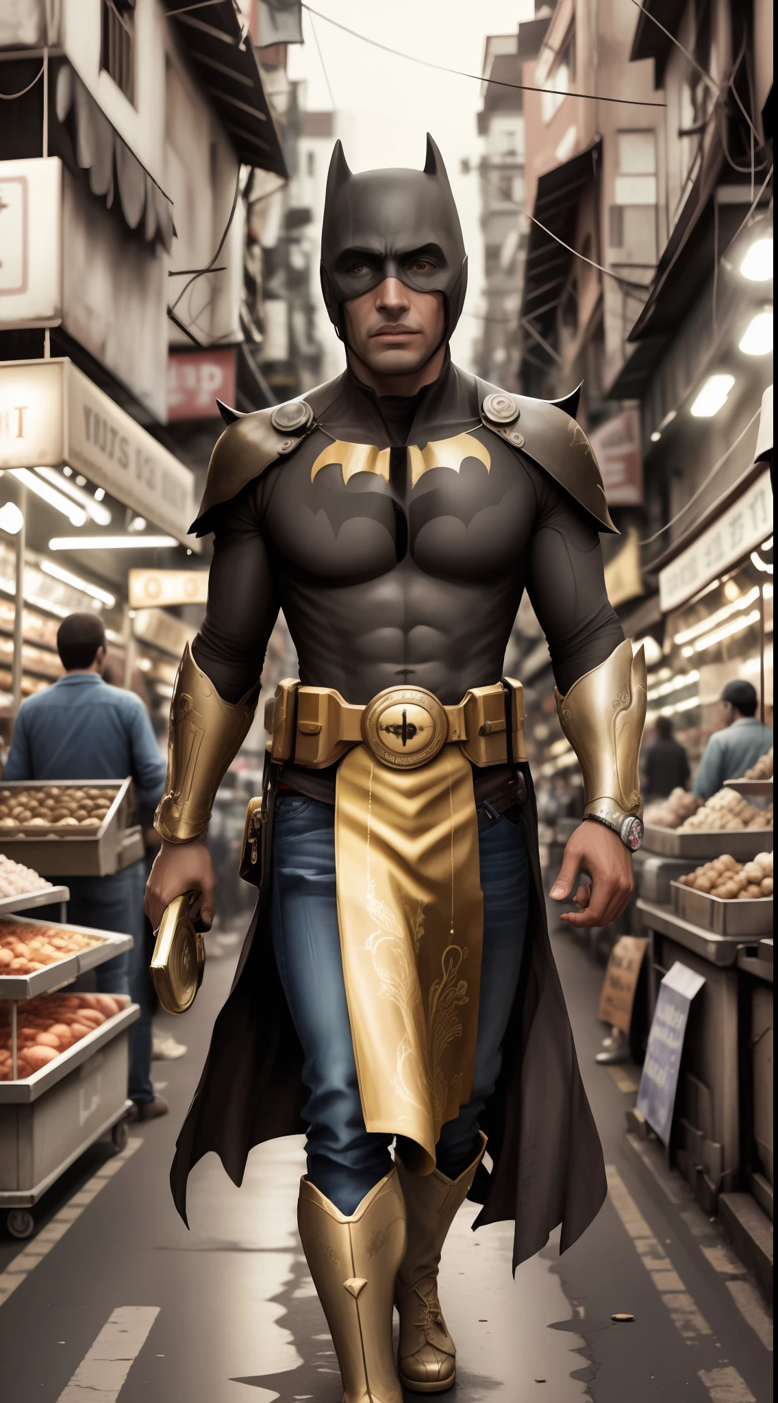 Batman, adorned in a Javanese traditional costume, stands in the bustling streets of Yogyakarta, Indonesia. The vibrant cityscape serves as the backdrop, with its colorful buildings and bustling markets. Batman's costume incorporates batik patterns and gold accents, reflecting the intricate craftsmanship of Javanese textiles. As he walks, the bustling crowd around him adds a dynamic energy to the scene. The image captures the fusion of Batman's iconic presence with the lively spirit of Javanese culture. Photo taken by Peter Lindbergh with a Leica M10-P and a 50mm lens. Studio lighting and colored gels create a vibrant and energetic atmosphere. 8K, Ultra-HD, Super-Resolution. --v 5 --q 2