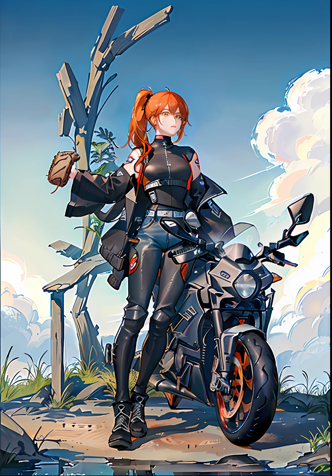 ((best qualtiy)), ((tmasterpiece)), (the detail:1.4),HDR(HighDynamicRange),Ray traching,NVIDIA RTX,Super-Resolution,Unreal 5,Subsurface scattering、PBR Texture、post-proces、depth of fields、maximum definition and sharpness、perfectly proportions、,(full bodyesbian:1.2),(ultradetailed:1.3),(Orange baseball uniform:1.5),,(motorcycle:1.6),full bodyesbian,dangling,(cruel:1.2),(Half a ponytail),(Butterfly tattoo on the arm),(shoulder-length short hair:1.0),((Black Martin boots,Locket)),+(guitar:1.2 ),(Black Martin boots:1.2),(Black skinny high-waisted jeans:1.2),(Tiramisu:1.4)(negative space:0.8), (Etheric color ink flows:1.3), (Ducati Moto:1.4)