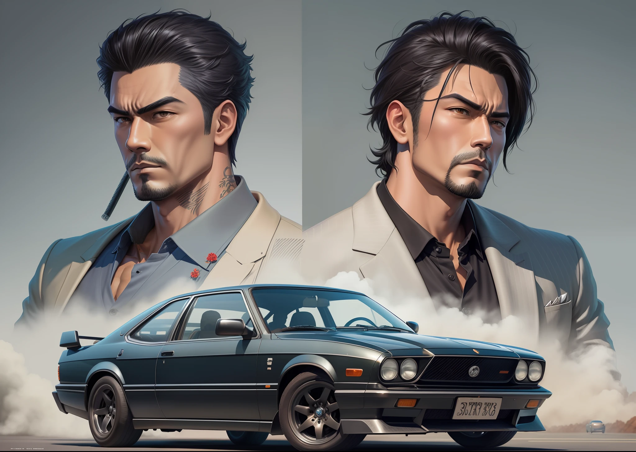 Five Yakuza, in suit, studio ghibli art style, different poses front on the car, epic, male, perfect car, perfect face, Black, katana, ultra illustration, high detailed, 90s, epic cinematic, dangerous man, perfect anatomy body, perfect face line,3d, photorealistic, digital art