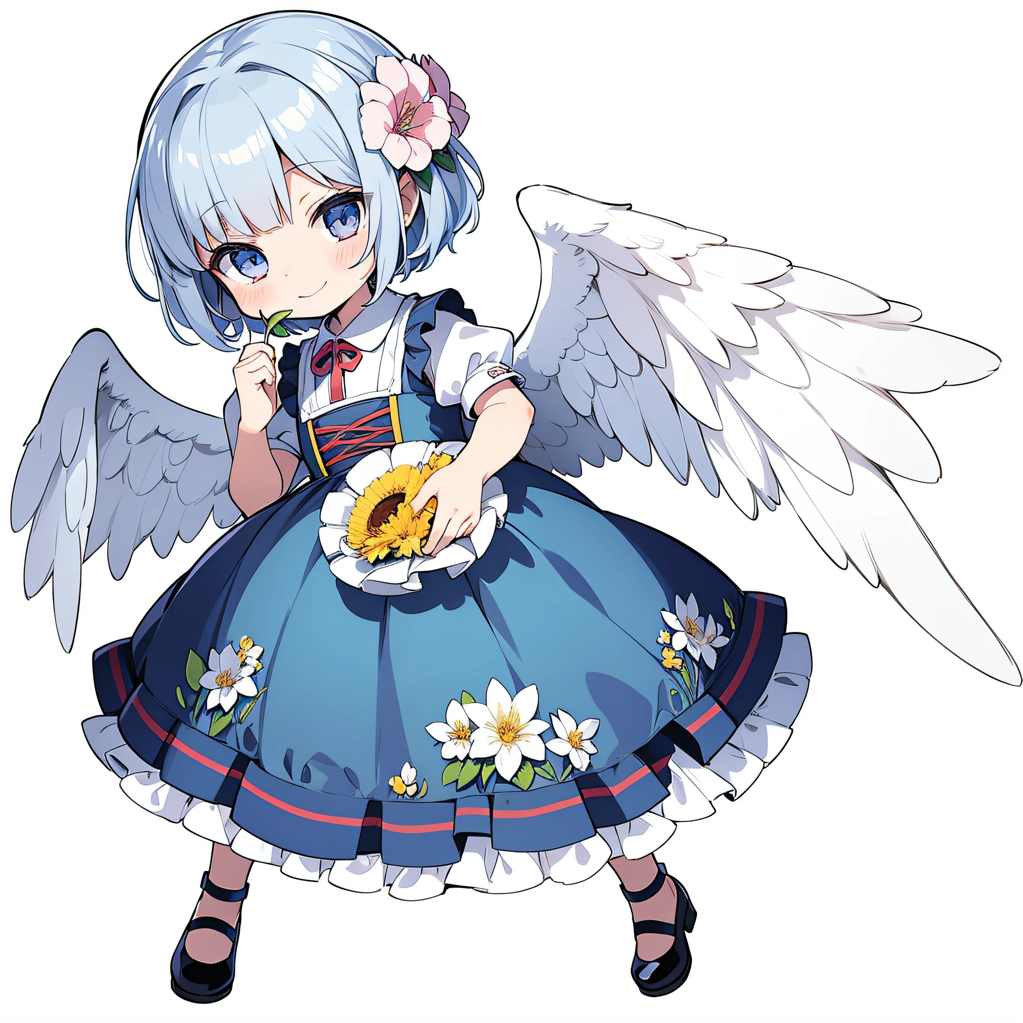 Draw in color, Full Body Little Angel, estilo chibi, With angel wings, Gentle smile, holding a flower, Vintage Long Colorful Dresses, On a plain white background, Show full body