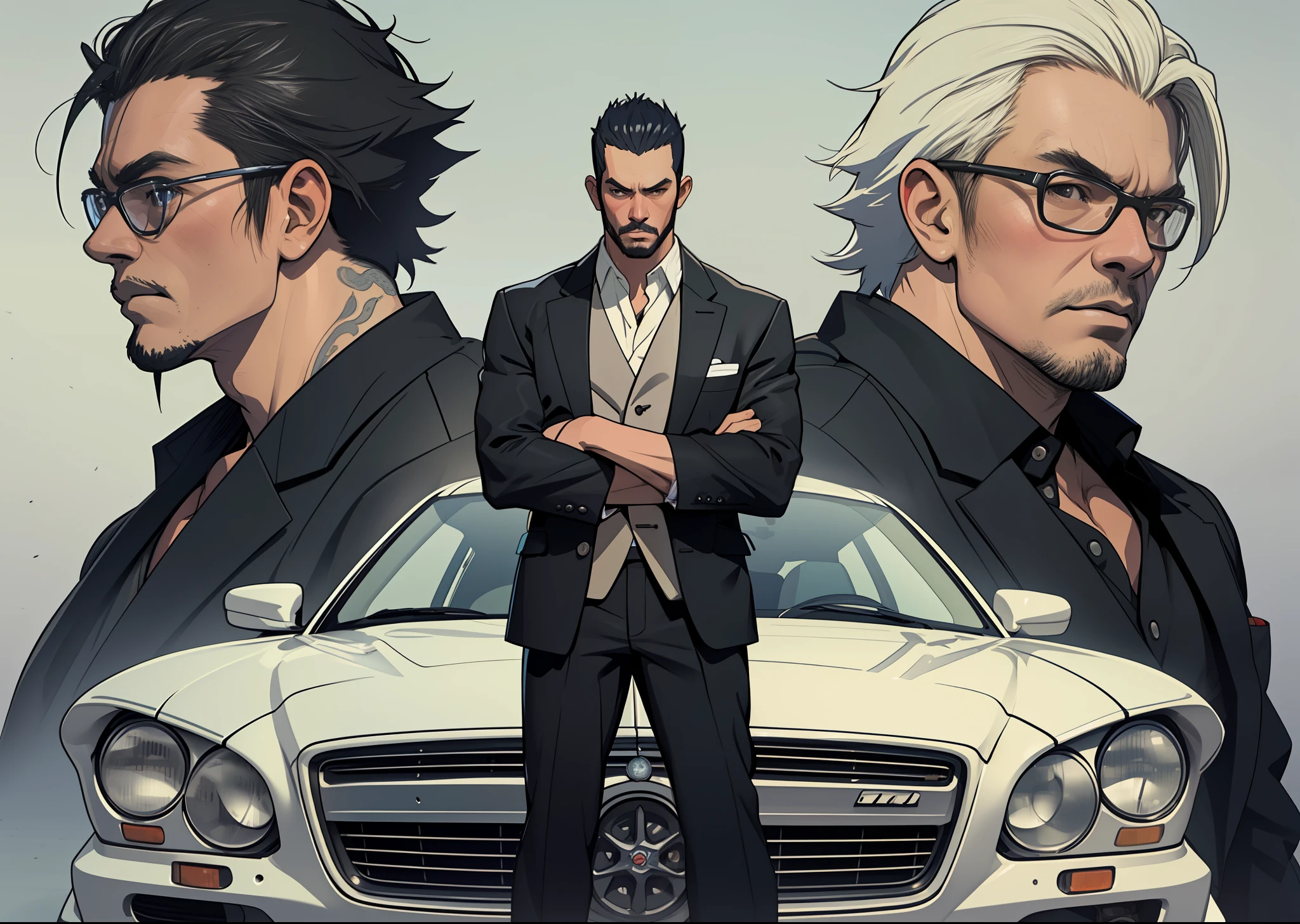 Five Yakuza, in suit, studio ghibli art style, different poses front on the car, epic, male, perfect car, perfect face, Black, katana, ultra illustration, high detailed, 90s, epic cinematic, dangerous man, perfect anatomy body, perfect face line,3d, photorealistic, digital art