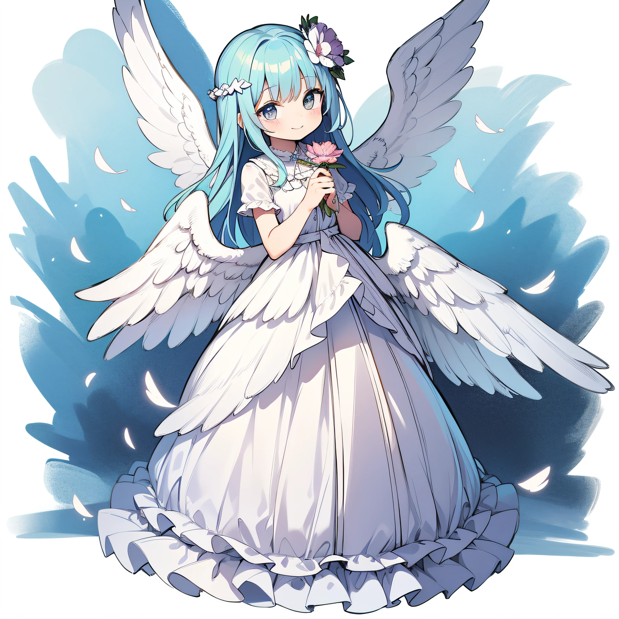 Draw in color, Full Body Little Angel, estilo chibi, With angel wings, Gentle smile, holding a flower, Vintage Long Colorful Dresses, On a plain white background, Show full body