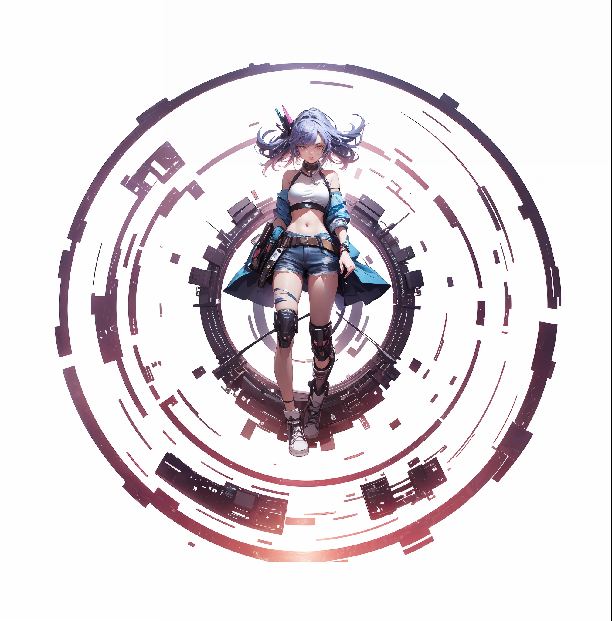 offcial art, Unity 8k wallpaper, Ultra detailed, Beautiful and aesthetic, High quality, Beautiful, Masterpiece, Best quality, A palette with limited male focus, Low contrast, 1girll, Garlic flowers, Masterpiece, Best quality, Ultra-detailed, (1girll), Beautiful detailed eyes, beautiful detailed glow, Cubic punk, Extremely detailed Cg Unity 8K wallpaper, rain, Cyberpunk city, cyberpunk armor, Anime style,Purple tones,Cyberpunk,Mechanic,Comic magazine cover, Gradient hair, conceptual art, shadowing,Wide trench coat, techwear outfits,Solo,Jeans,half body