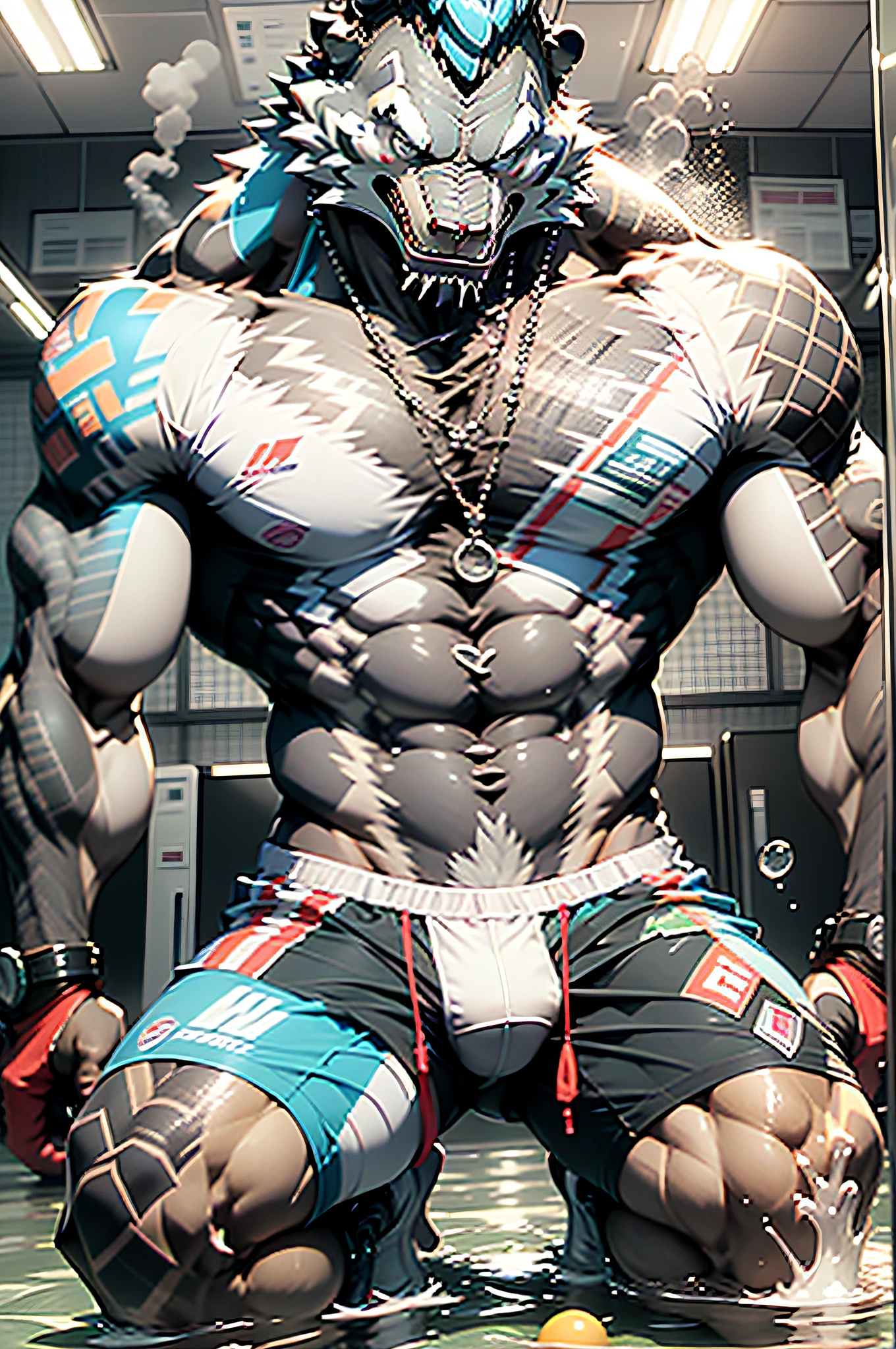 Singles in digital art（（Cold crocodile））Close-up，Stick out your tongue，Room and chain in the background，The tendency of art to kneel，Dim Room，Black skin，very dark environment，Blue skin，no clothes are worn，musculature，6-pack abs，Biceps，Wide shoulders，back muscles，upper legs，White transparent underwear，Smooth skin and moist body， heat and steam emanating from the body，The whole body is covered with white liquid，Transparent white underwear，perspired， soaking wet， The crotch is super big（heat and steam emanating from the body，The whole body is covered with white liquid，Transparent white underwear，perspired， soaking wet， The crotch is super big）