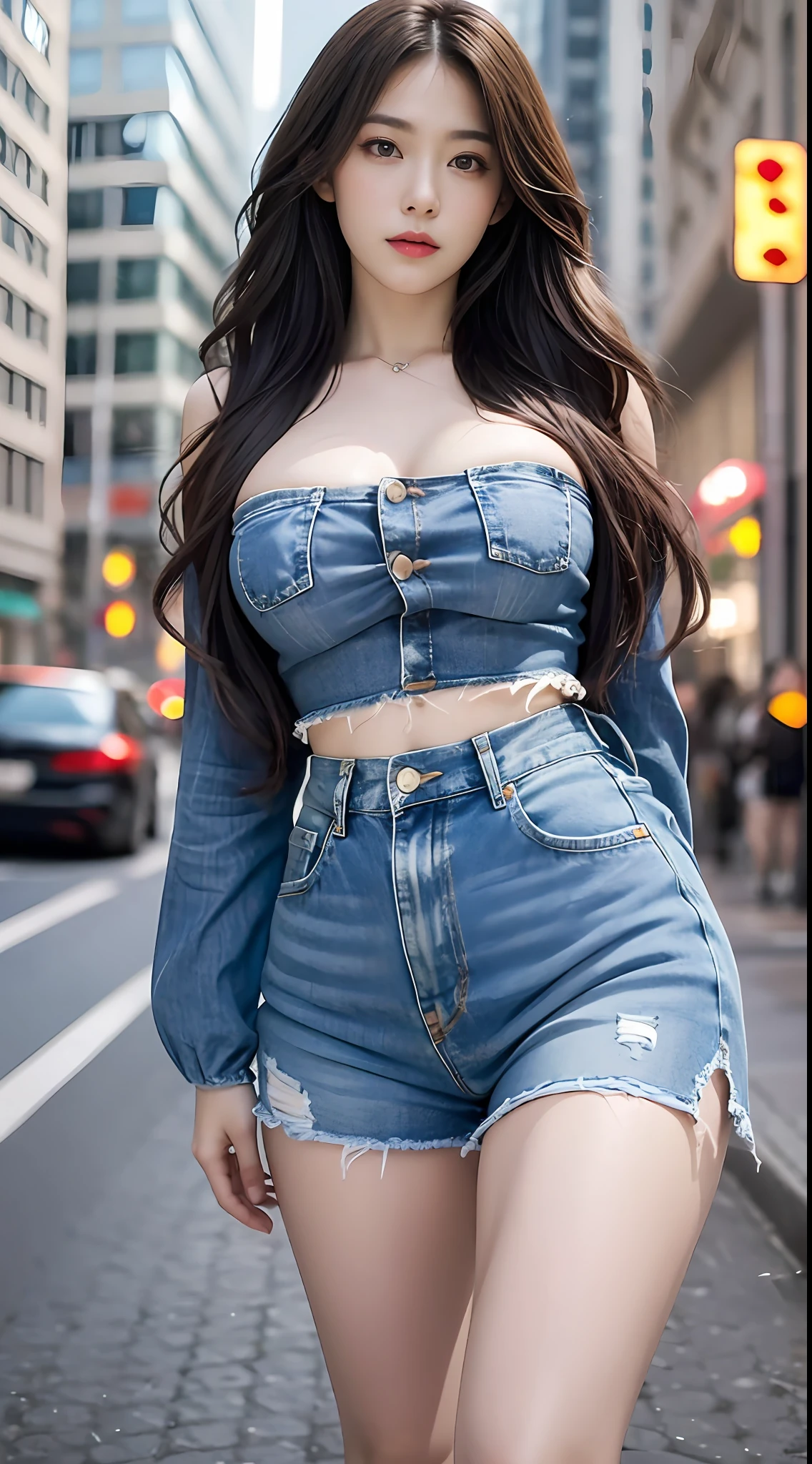 ((realistic illumination,top-quality,8K,tmasterpiece:1.3)),Clear focus:1.2,1个Giant Breast Girl,perfect figure beautiful woman:1.4,,((Long blue curly hair,The large:1.3)),(Acceleration:1.4),(exteriors,the night:1.1),the street,Slender face,Long narrow eyes,二重まぶた,Big breasts that expose the,Incredibly Ridiculous res,messy hair,Floating hair,(Yellow long-sleeved T-shirt,Extra-short jeans,:1.2)Fashion model pose,