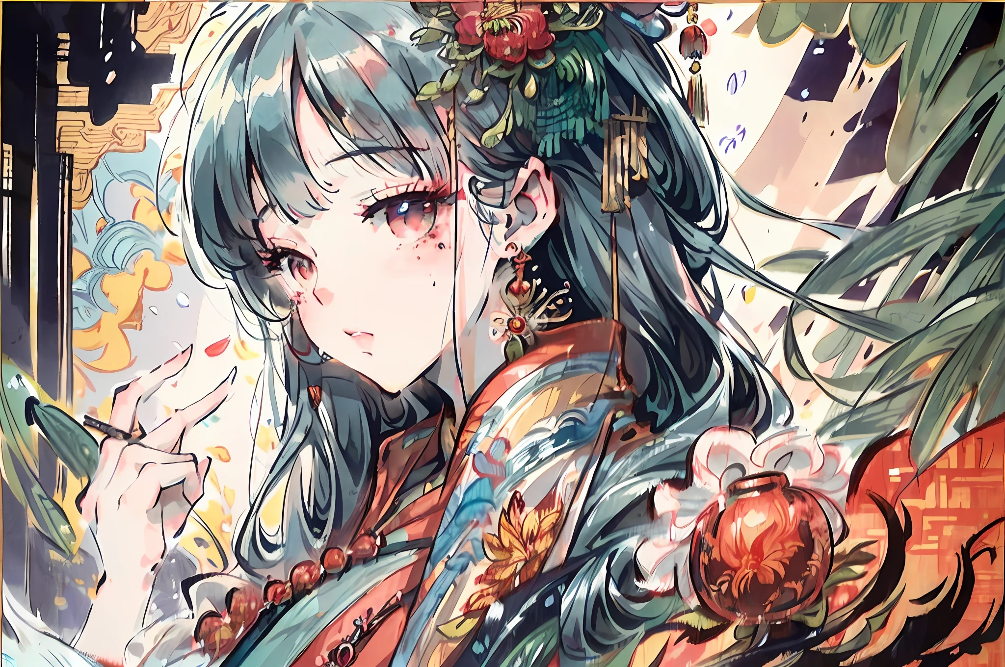 Anime girl with long hair, blue eyes holding a brush, detailed portrait of an anime girl, a beautiful anime portrait, Palace , A girl in Hanfu, high detailed official artwork, Detailed digital anime art, Beautiful anime artwork, Detailed anime artwork, clean and meticulous anime art, Beautiful anime art, detailed anime art, Alphonse mucha and rossdraws, A beautiful artwork illustration
