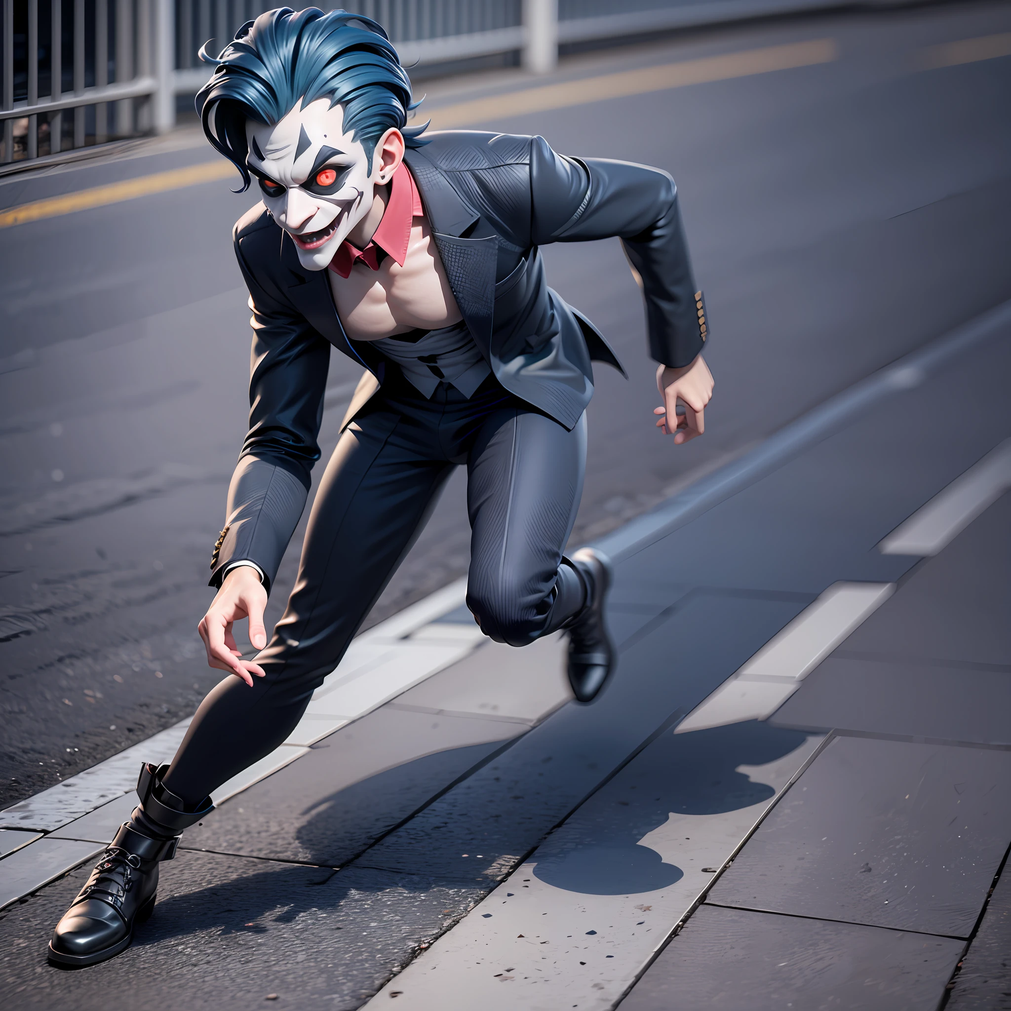 Um coringa homem de corpo inteiro correndo na rua , muito dark , muito raro,very funny style,fundo branco, roupas dark , circular iris eyes, 8k, ......3d, funny rendering,