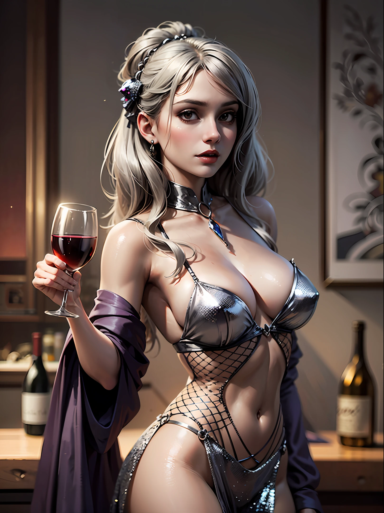 A young female vampire, beautiful, in a silver gown, holding a glass of wine in her hand. --auto --s2