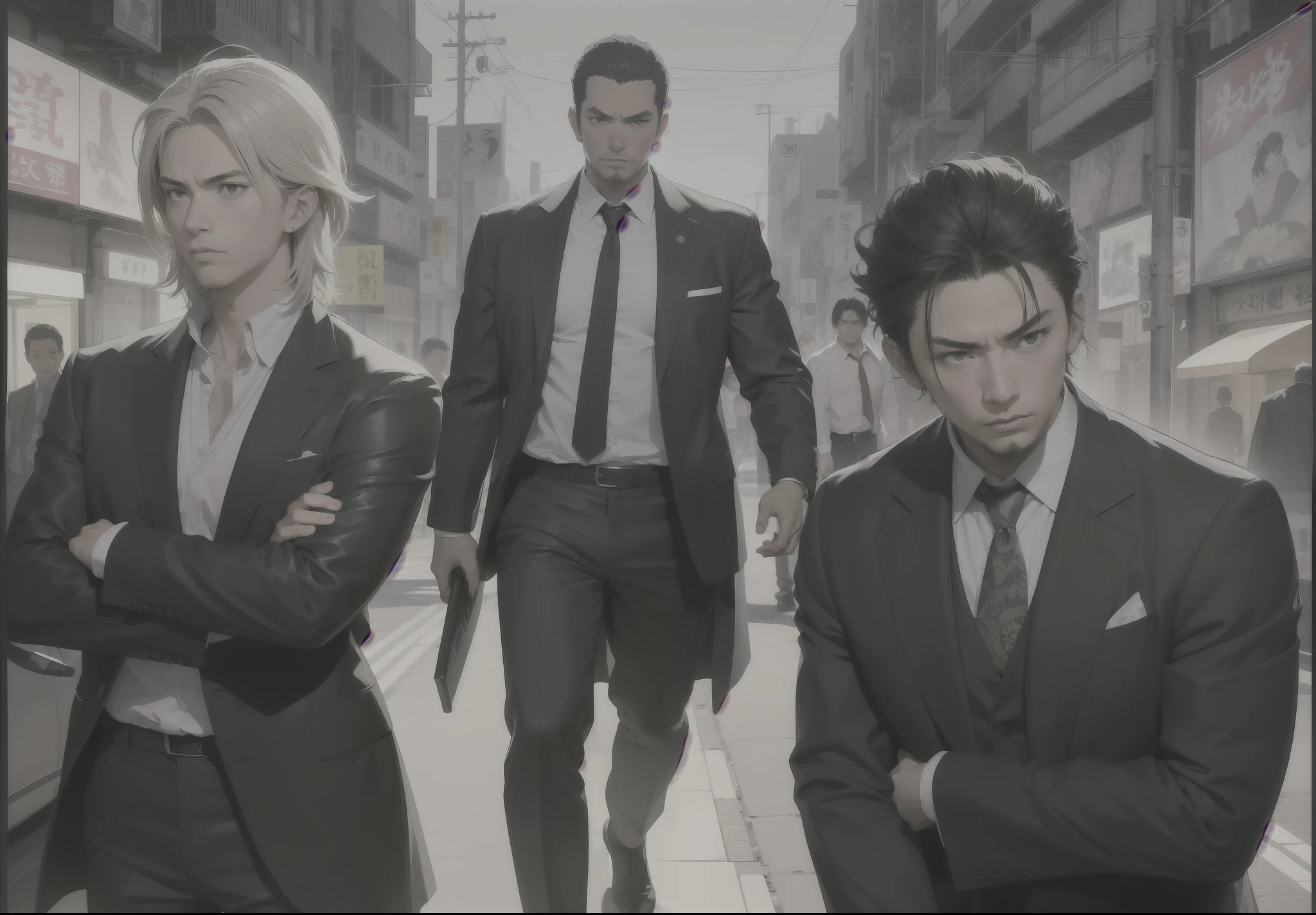 Five Yakuza, in suit, studio ghibli art style, different poses front on the car, epic, male, perfect car, perfect face, Black, katana, ultra illustration, high detailed, 90s, epic cinematic, dangerous man, perfect anatomy body, perfect face line,