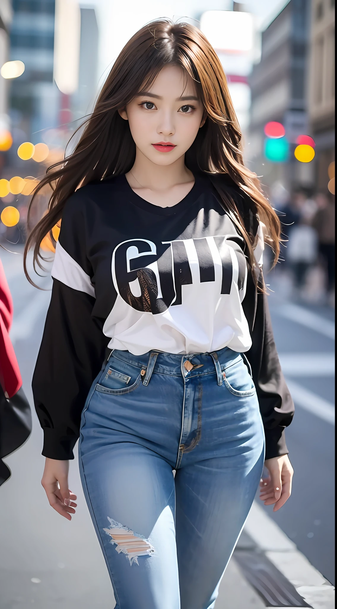 ((realistic illumination,top-quality,8K,tmasterpiece:1.3)),Clear focus:1.2,1个Giant Breast Girl,perfect figure beautiful woman:1.4,,((Long blue curly hair,The large:1.3)),(Acceleration:1.4),(exteriors,the night:1.1),the street,Slender face,Long narrow eyes,二重まぶた,Big breasts that expose the,Incredibly Ridiculous res,messy hair,Floating hair,(Yellow long-sleeved T-shirt,Extra-short jeans,:1.2)Fashion model pose,