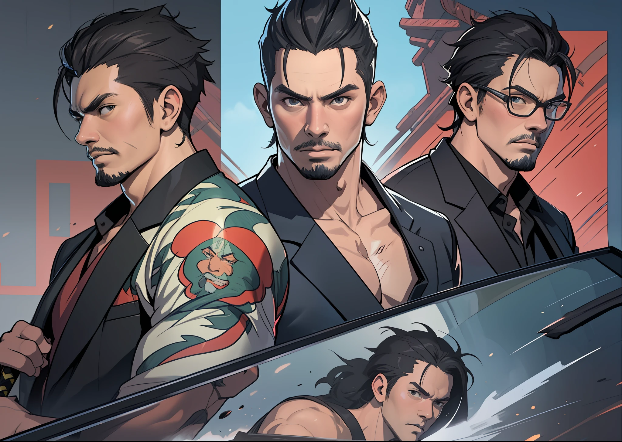 Five Yakuza, in suit, studio ghibli art style, different poses front on the car, epic, male, perfect car, perfect face, Black, katana, ultra illustration, high detailed, 90s, epic cinematic, dangerous man, perfect anatomy body, perfect face line,3d, photorealistic, digital art
