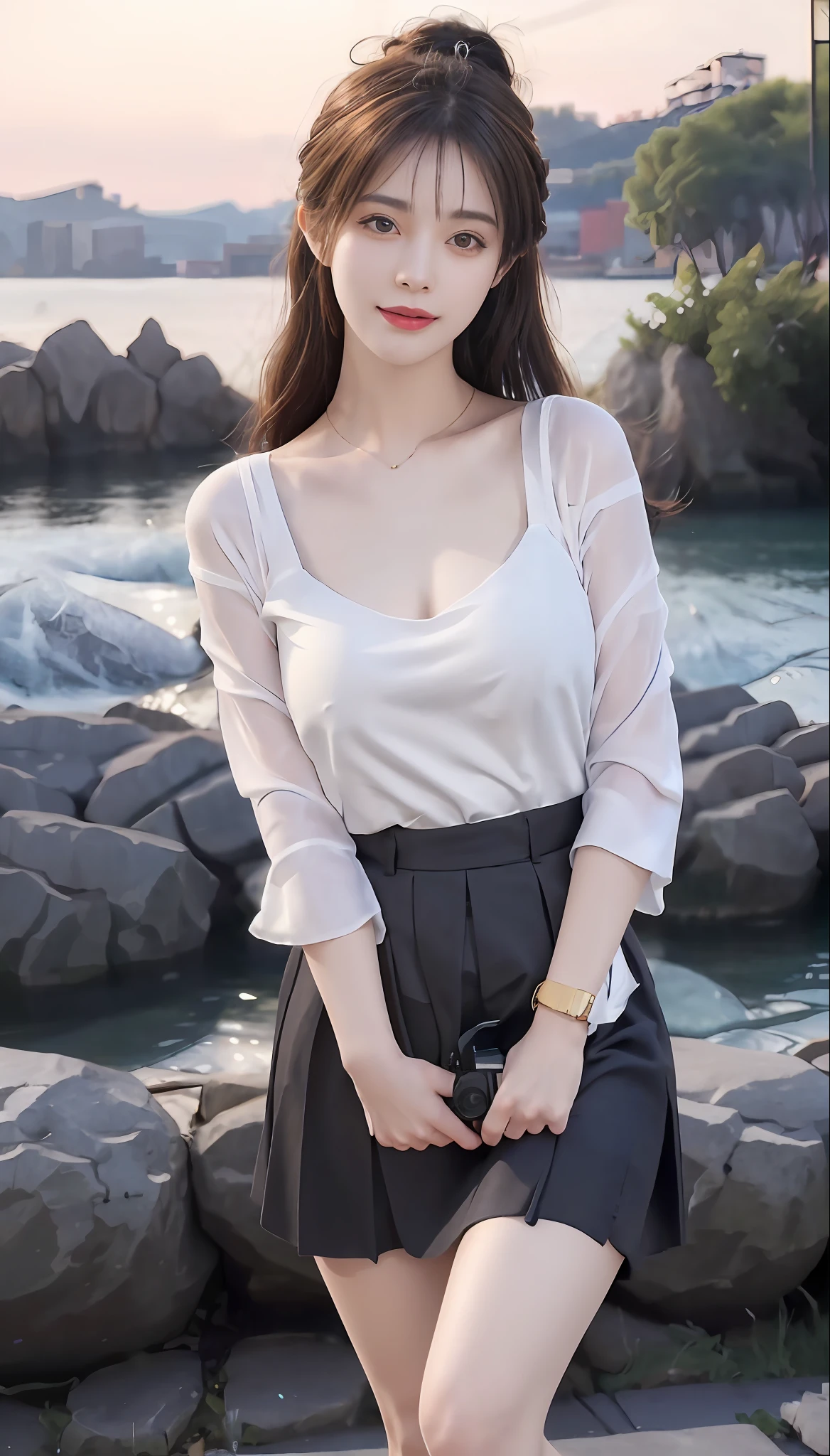 Masterpiece,Best quality,offcial art,on focus,Full body photo(FLS),Full-HD,1080p,2K,4K,8K,Mind-bSoft illuminationlowing Details,unfathomed,Leica camera,full lenght shot(FLS),Cute,Golden ratio,gentle illumination,absorption。ultra - detailed,extremely detaile,Beautiful Meticulous Girl,1girll,(perfect female shape),full bodyesbian,Purple skirt,Long legs,No chest is exposed,Long curly yellow hair,The background is by the sea。