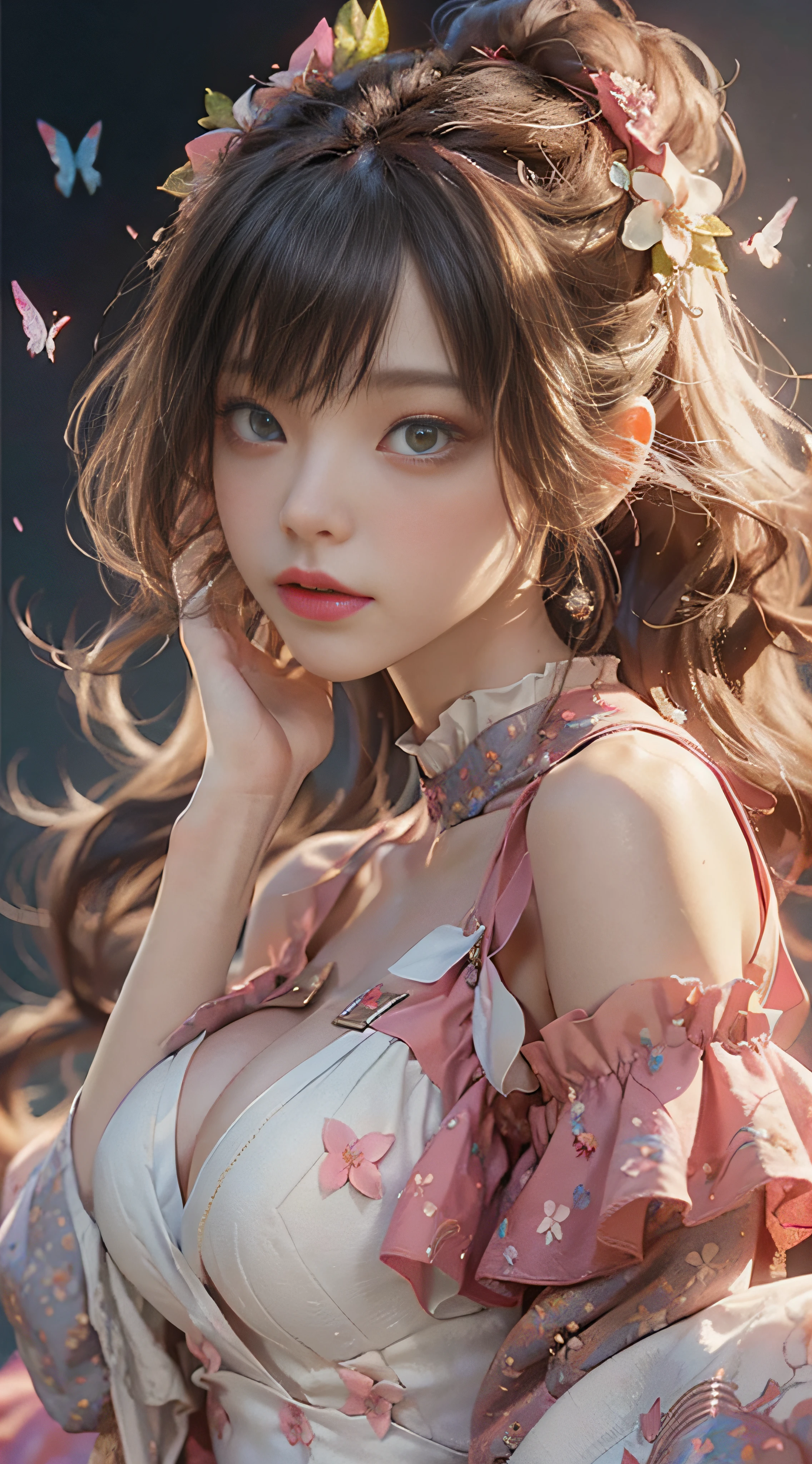((best qualtiy)), ((tmasterpiece)), (detail:1.4), 3D, Beautiful cyberpunk female images,hdr(HighDynamicRange),Ray traching,NVIDIA RTX,Hyper-Resolution,illusory 5,Sub-surface scattering,PBR textures,post-proces,Anisotropy Filtering,depth of fields,maximum definition and sharpness,Many-Layer Textures,Albedo e mapas Speculares,Surface coloring,Mitsu-Accurate simulation of material interactions,perfectly proportioned,rendering by octane,Two-colored light,largeaperture,Low ISO,White balance,Rule three points、8K raw data、beautiful bright pupils,off-the-shoulder clothes,Fine pupils,Delicate face and eyes,long eyelasher,Blushlush,Delicate and fluffy hair,Pink lips,Pure,Cute big breasts,Sweet girl,Artistic sense,Casual wear,Advancedsense,butterflys,Cherry blossom petal,Beautiful hair accessories