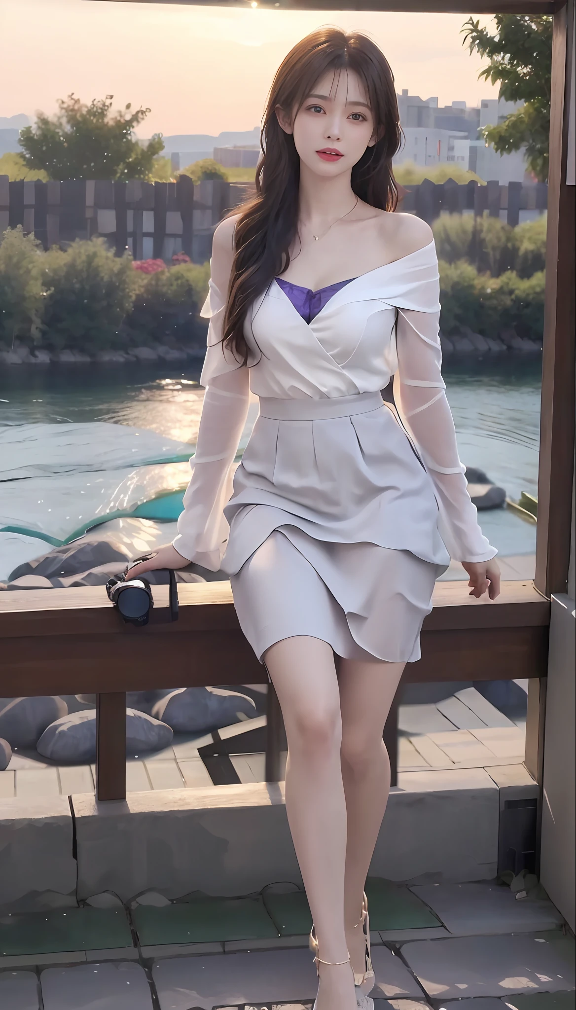 Masterpiece,Best quality,offcial art,on focus,Full body photo(FLS),Full-HD,1080p,2K,4K,8K,Mind-bSoft illuminationlowing Details,unfathomed,Leica camera,full lenght shot(FLS),Cute,Golden ratio,gentle illumination,absorption。ultra - detailed,extremely detaile,Beautiful Meticulous Girl,1girll,(perfect female shape),full bodyesbian,Purple skirt,Long legs,No chest is exposed,Long curly yellow hair,The background is by the sea。