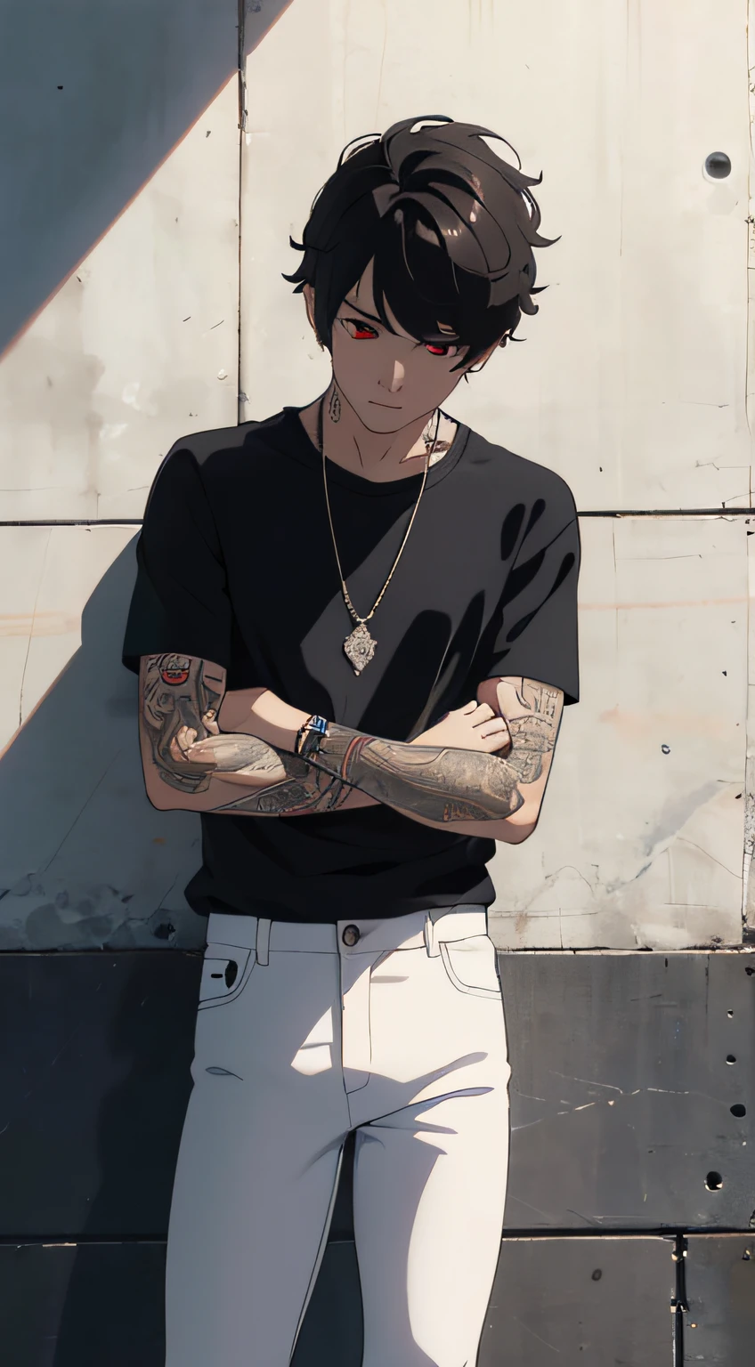 Men's Black Short Sleeve T-Shirt, white tight transparent pants, Sleeve tattoos, 10, high-res , Red Eyes, necklace, looking at the audience, Stand in front of the wall.