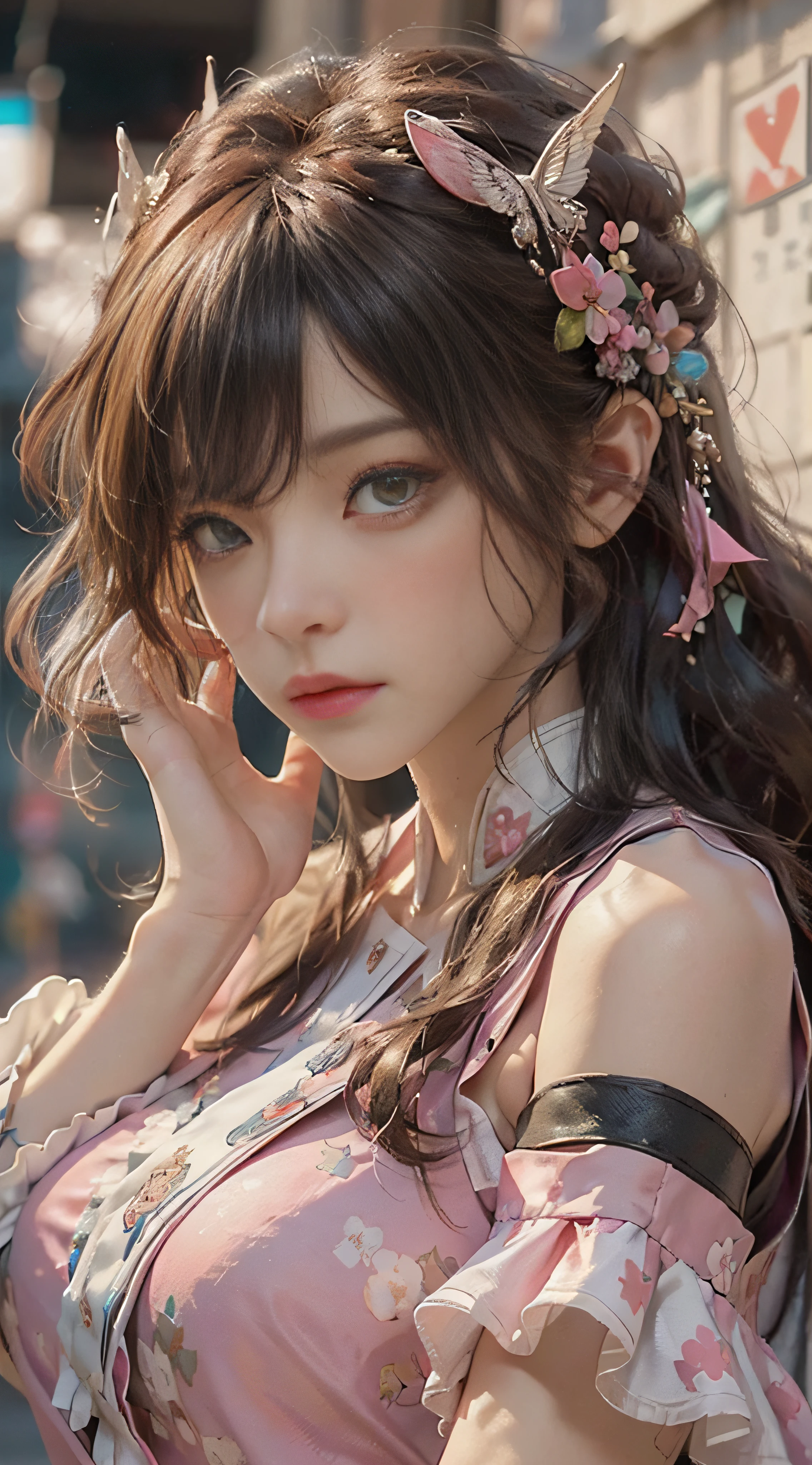 ((best qualtiy)), ((tmasterpiece)), (detail:1.4), 3D, Beautiful cyberpunk female images,hdr(HighDynamicRange),Ray traching,NVIDIA RTX,Hyper-Resolution,illusory 5,Sub-surface scattering,PBR textures,post-proces,Anisotropy Filtering,depth of fields,maximum definition and sharpness,Many-Layer Textures,Albedo e mapas Speculares,Surface coloring,Mitsu-Accurate simulation of material interactions,perfectly proportioned,rendering by octane,Two-colored light,largeaperture,Low ISO,White balance,Rule three points、8K raw data、beautiful bright pupils,off-the-shoulder clothes,Fine pupils,Delicate face and eyes,long eyelasher,Blushlush,Delicate and fluffy hair,Pink lips,Pure,Cute big breasts,Sweet girl,Artistic sense,Casual wear,Advancedsense,butterflys,Cherry blossom petal,Beautiful hair accessories