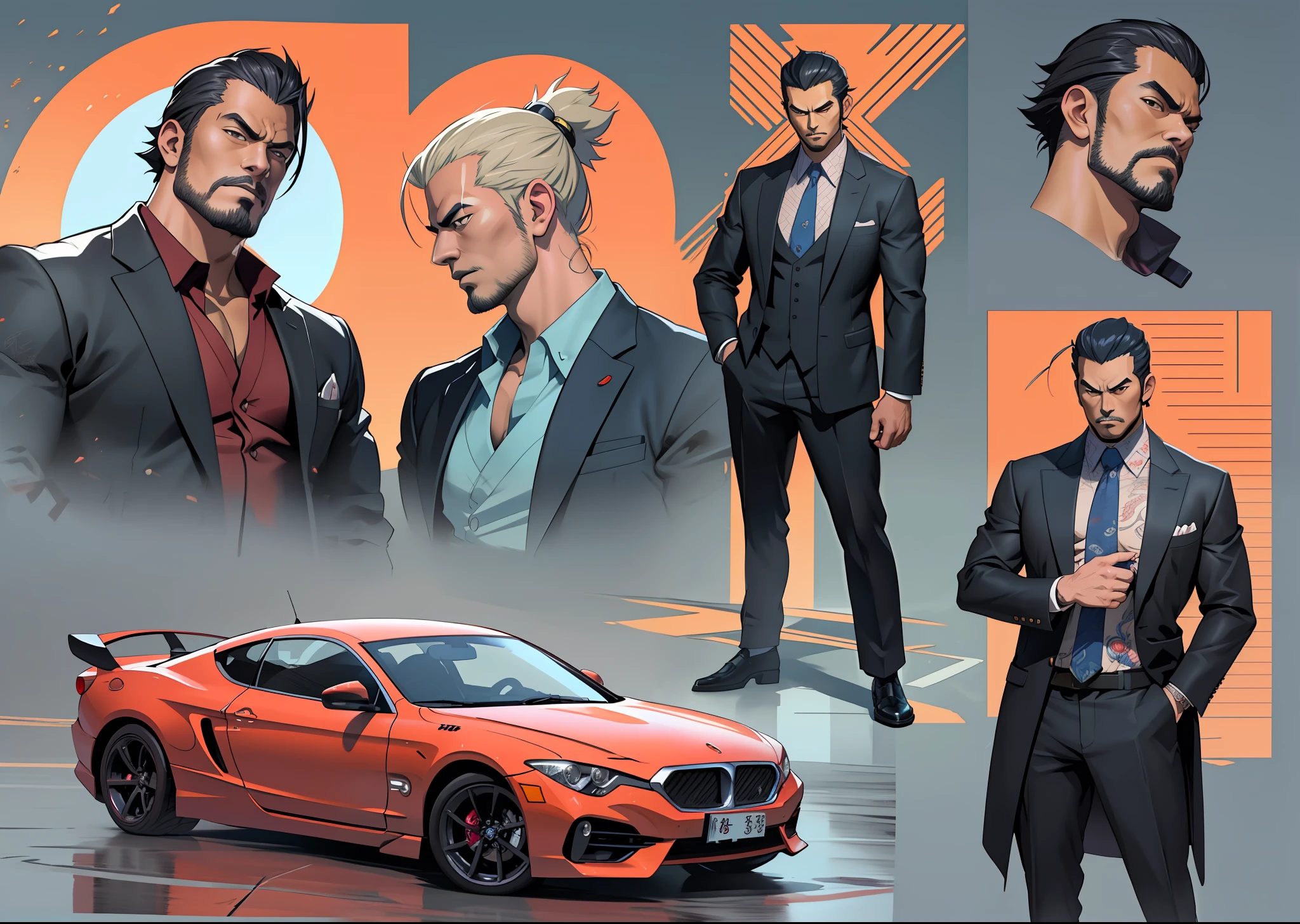Five Yakuza, in suit, studio ghibli art style, different poses front on the car, epic, male, perfect car, perfect face, Black, katana, ultra illustration, high detailed, 90s, epic cinematic, dangerous man, perfect anatomy body, perfect face line,3d, photorealistic, digital art