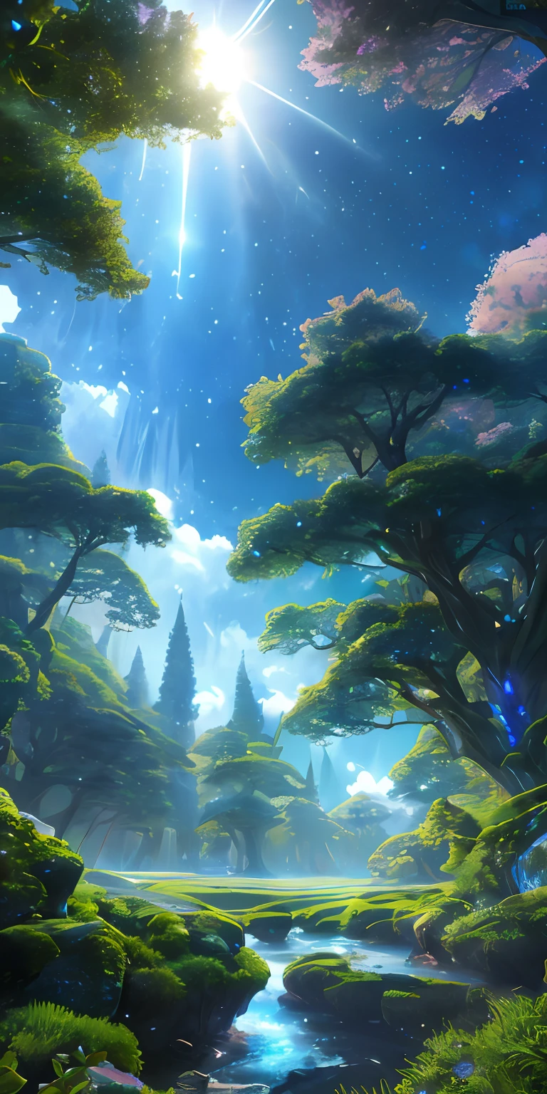 Illustration of a hyperrealistic , otherworldly, ultrasky scene featuring a giant crystal tree full body,very detailed and magical lighting, intricate forest details, vegetation and river around, solarpunk ,landscape, giant tree, beatifull leafy with beautiful lighting and realistic proportions, as if it were a cinematic background, 8k, highest quality, masterpiece, clouds and stars in the sky.