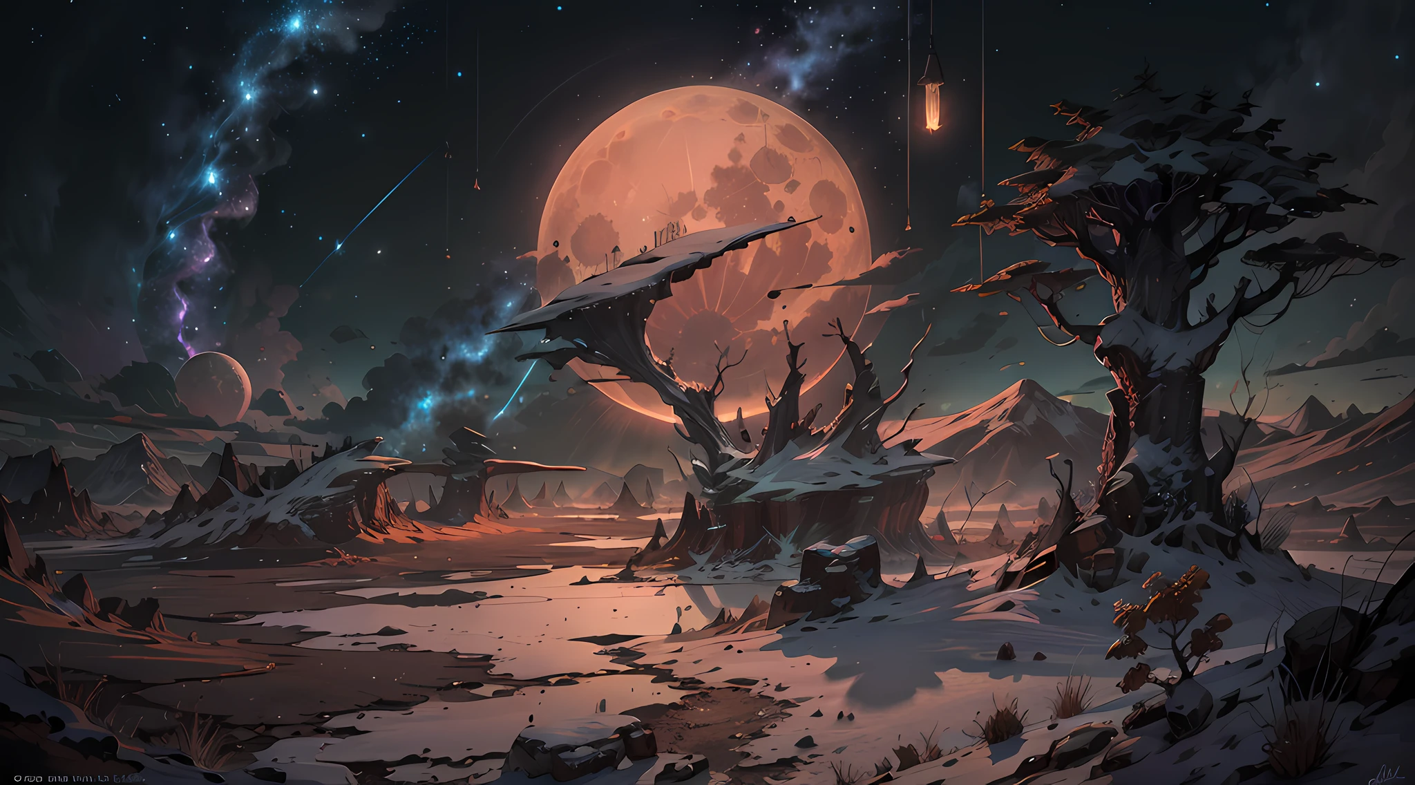 Expansive landscape photography, (See below.), Above is the sky, Below is an open field), (Full Moon: 1.2), (Meteor: 0.9), (Nebula: 1.3), distant mountain, BREAK tree making art, (Warm light source: 1.2), (Firefly: 1.2), lights, Very purple and orange, complicated detail, volume lighting, BREAK realism (Masterpiece: 1.2), (best quality), Ultra-detailed, RAWExtremely detailed, Colorful details, (Rainbow colors: 1.2), (bright lighting, atmospheric lighting), Dreamlike, Magical, 4k