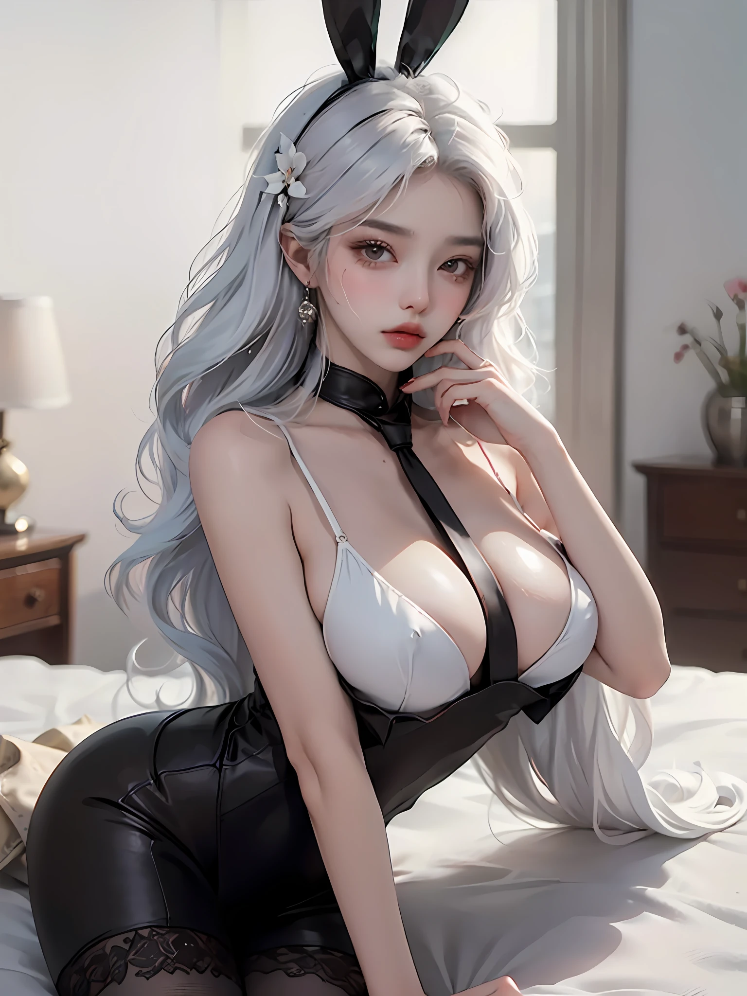 Masterpiece, best quality, (detailed background), high contrast, 1 girl, playboy bunny, cleavage bunny suit, black pantyhose, bunny ears, bunny tail, black necktie, detached collar, white leotard, wrist cuffs, full body, (white background: 1.5), clean line drawings, wavy light purple hair, bare shoulders, very large boobs, very huge boobs, lying on bed, best quality, blush, looking at the audience, big seduction, busty body, 8K, wearing black leather bunny suit, sulky face, shy, shy look, seductive, lust, lust eyes, thin eyebrows, wet skin, bare thighs, light on face, 18 years old korean idol, earing, flowers on her hair