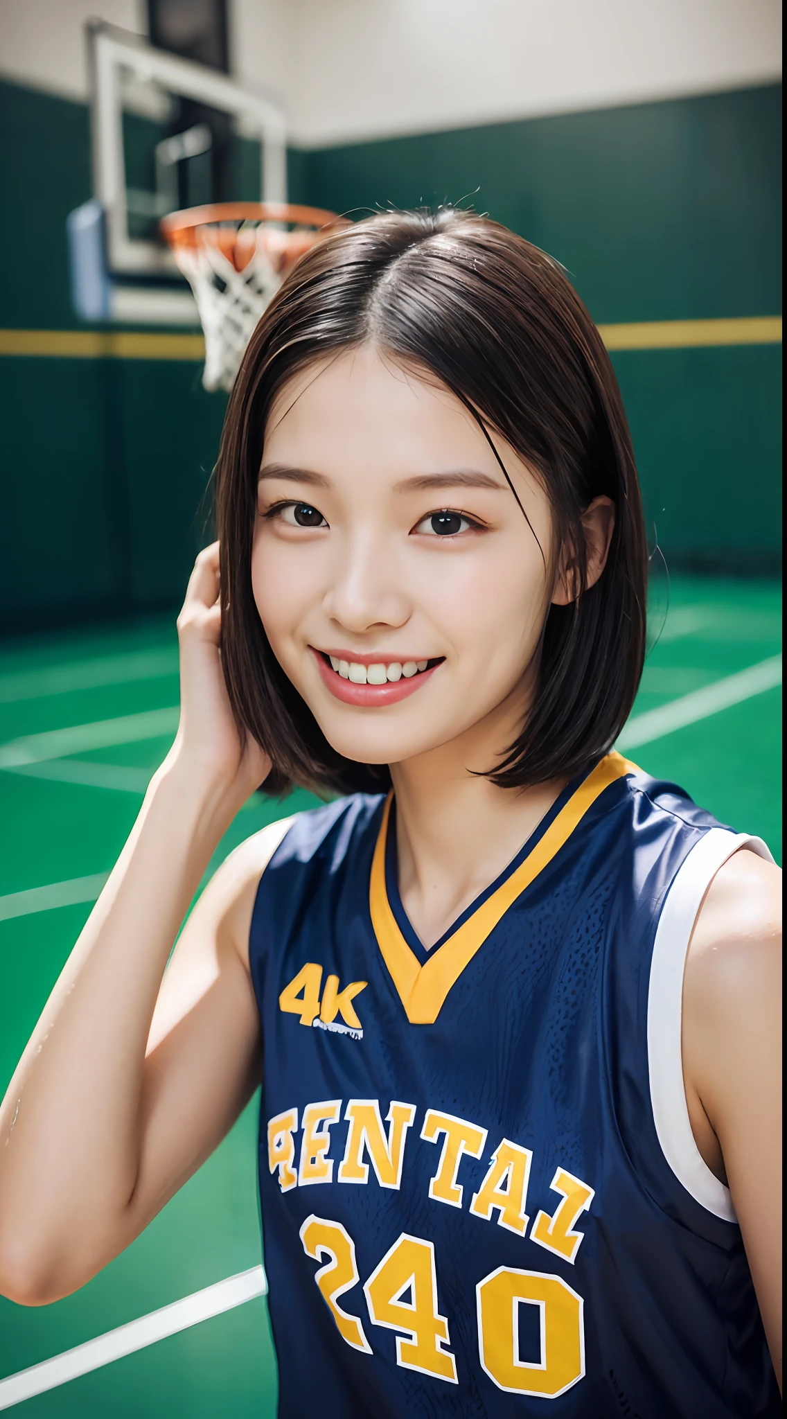 (4K、top-quality)、(realisitic、Photorealsitic)、
1girl in、独奏、Basketball Uniforms、Indoor basketball court、(Bob Hair:1.3)、(wetting hair:1.1)、(Sweat on the face:0.8)、(wetted skin:1.1)、A smile、
perfect hand、finerly detailed face、20yr old、