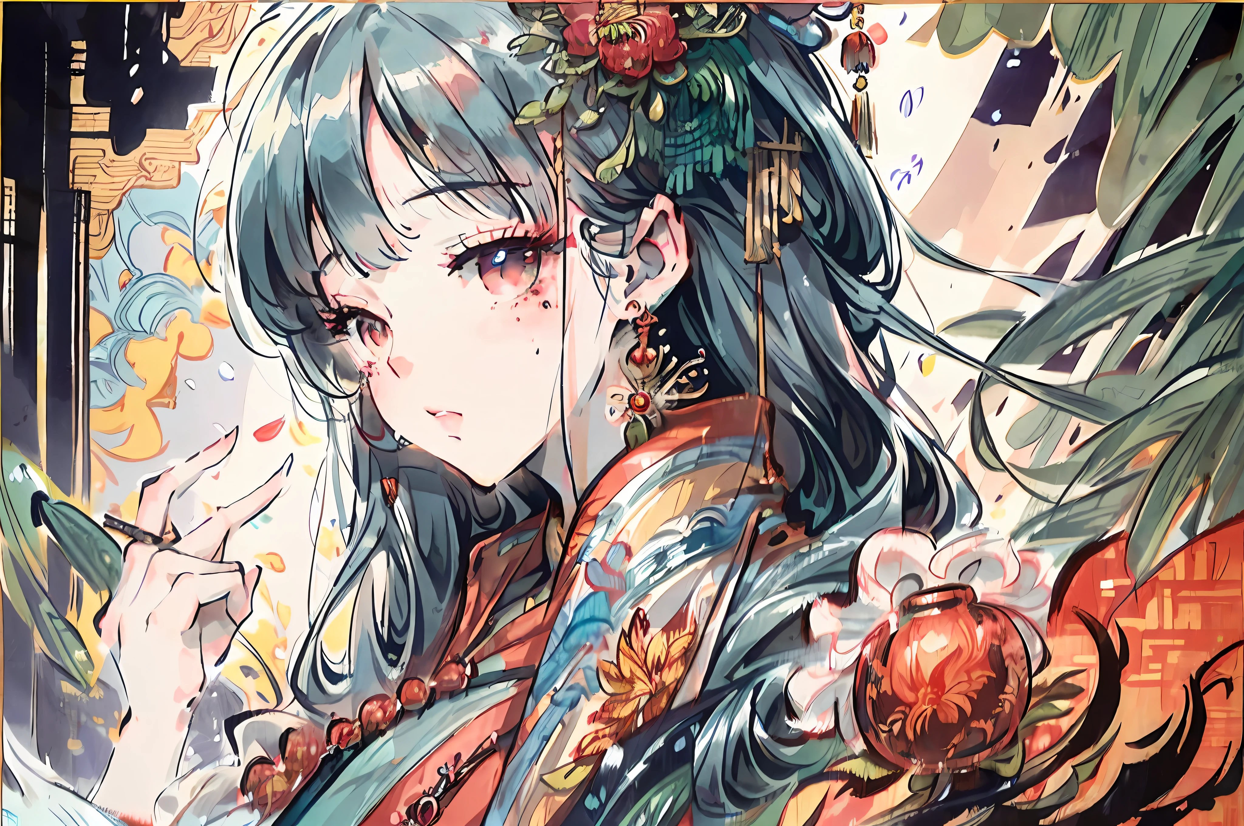Anime girl with long hair, blue eyes holding a brush, detailed portrait of an anime girl, a beautiful anime portrait, Palace , A girl in Hanfu, high detailed official artwork, Detailed digital anime art, Beautiful anime artwork, Detailed anime artwork, clean and meticulous anime art, Beautiful anime art, detailed anime art, Alphonse mucha and rossdraws, A beautiful artwork illustration