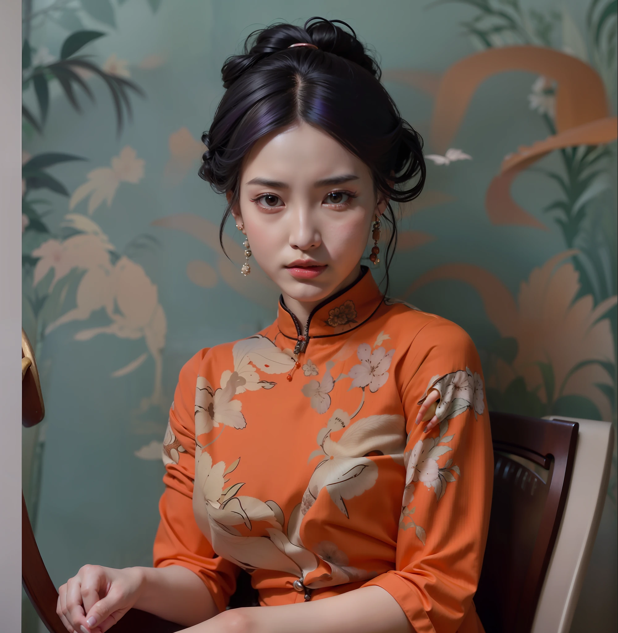Arad woman in orange dress sitting in chair, Cheongsam, Chinese style, Chinese traditional, Chinese dress, Traditional Chinese clothing, Chinese girl, gorgeous chinese models, with acient chinese clothes, Chinese woman, Traditional beauty, Palace , A girl in Hanfu, Hanfu, Wearing ancient Chinese clothes, Inspired by Qiu Ying, ao dai