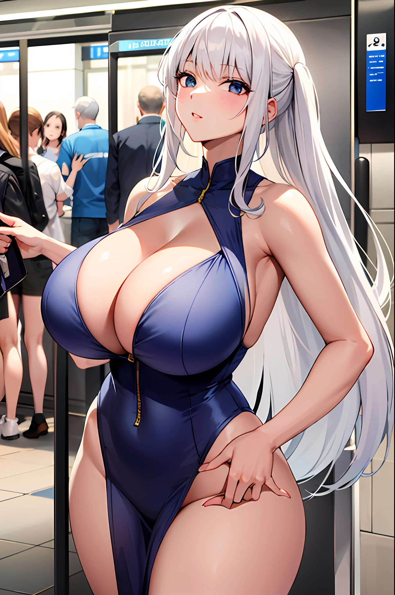 Beautiful white hair woman details define body with subway,gigantic cleavage breasts