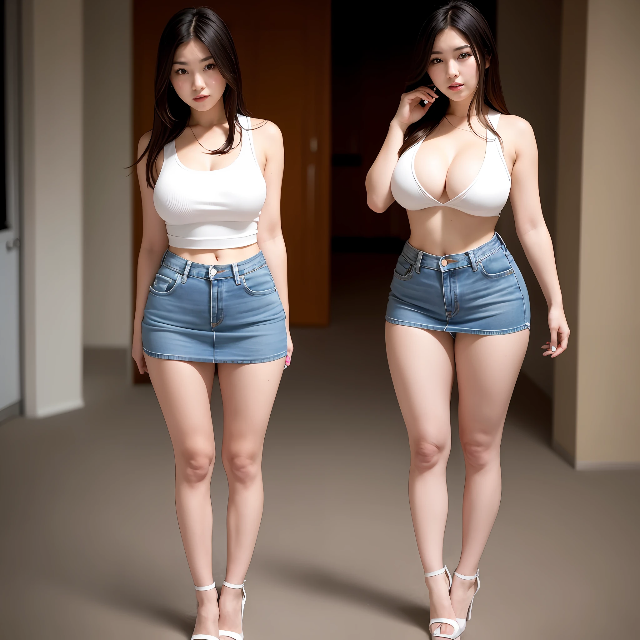 Girl in white bust and skinny denim skirt kneeling for photo,full bodyesbian,,Slim body,Big breasts and hips,Slim girl model,24 years old female model