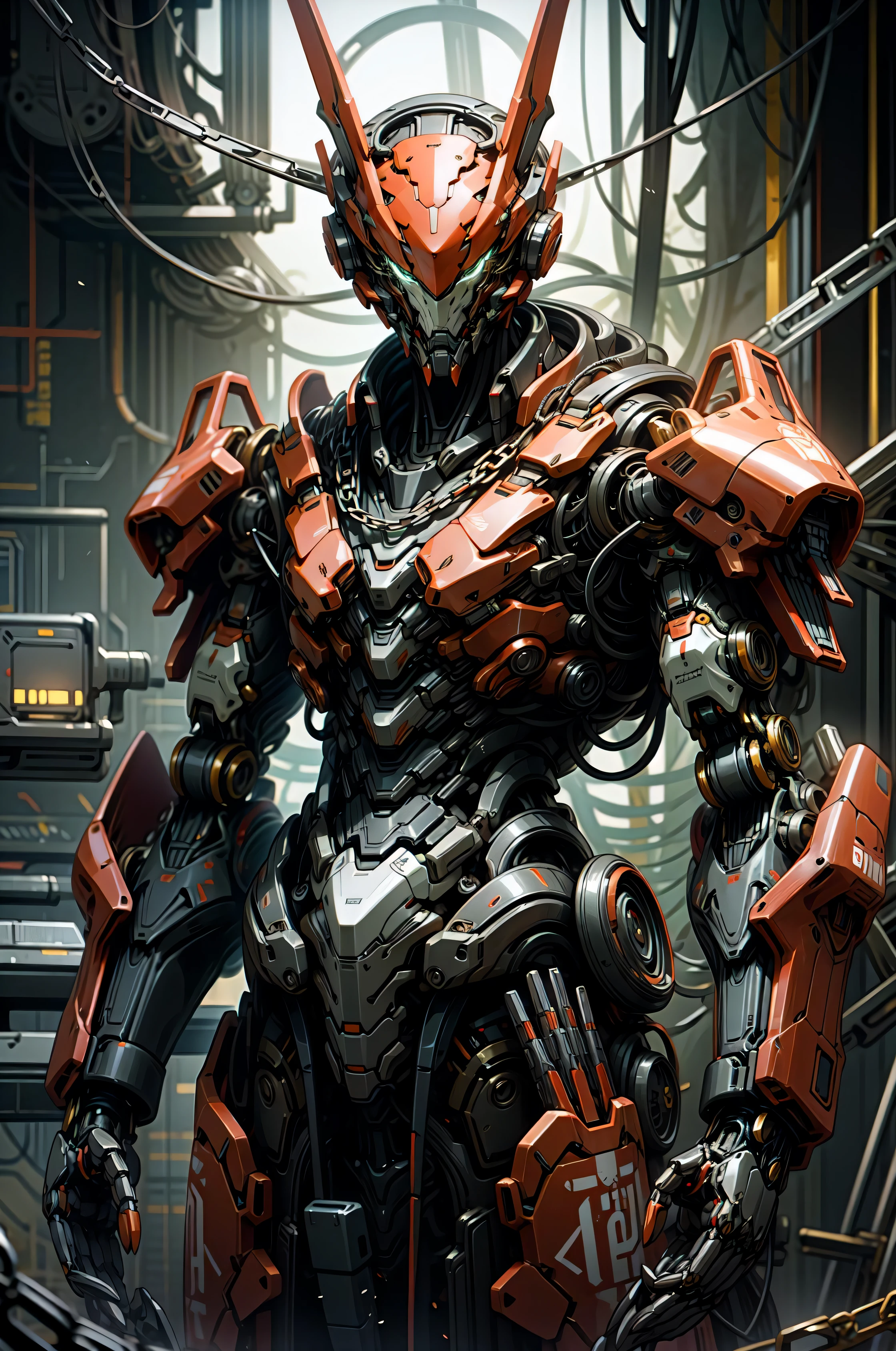 Dark_Fantasy,Cyberpunk,(chain saw,chain saw man,Red:1.1),1man,Mechanical marvel,Robotic presence,Cybernetic guardian,