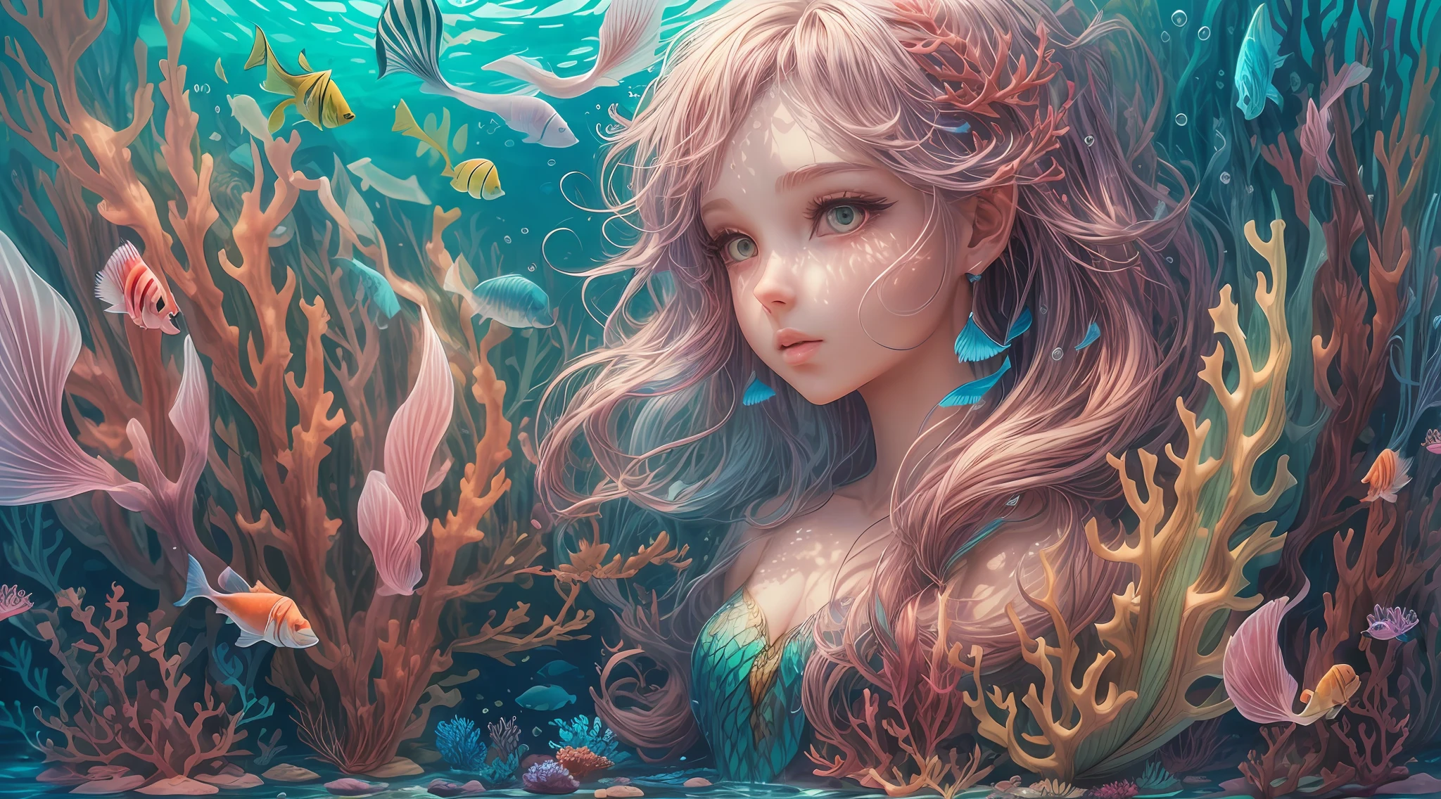 (illustration:1.3) ,Underwater world, mermaids,a 3D render, Colorful colorful,The fish, The corals, Line drawing, Best quality, Detailed details, Masterpiece, offcial art, Cinematic lighting effects, 4K,