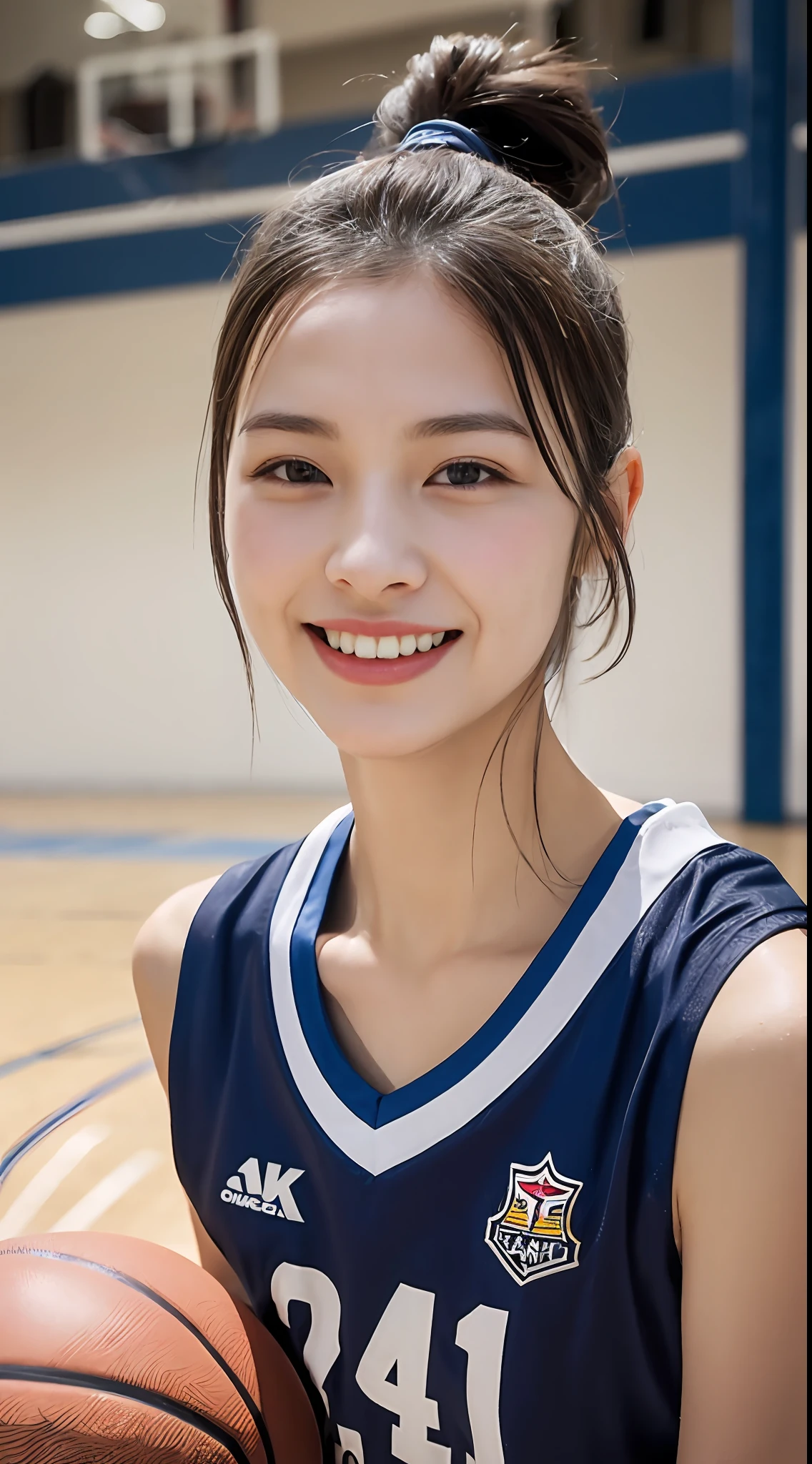 (4K、top-quality)、(realisitic、Photorealsitic)、
1girl in、独奏、Basketball Uniforms、Indoor basketball court、(Bob Hair:1.3)、(wetting hair:1.1)、(Sweat on the face:0.8)、(wetted skin:1.1)、A smile、
perfect hand、finerly detailed face、20yr old、