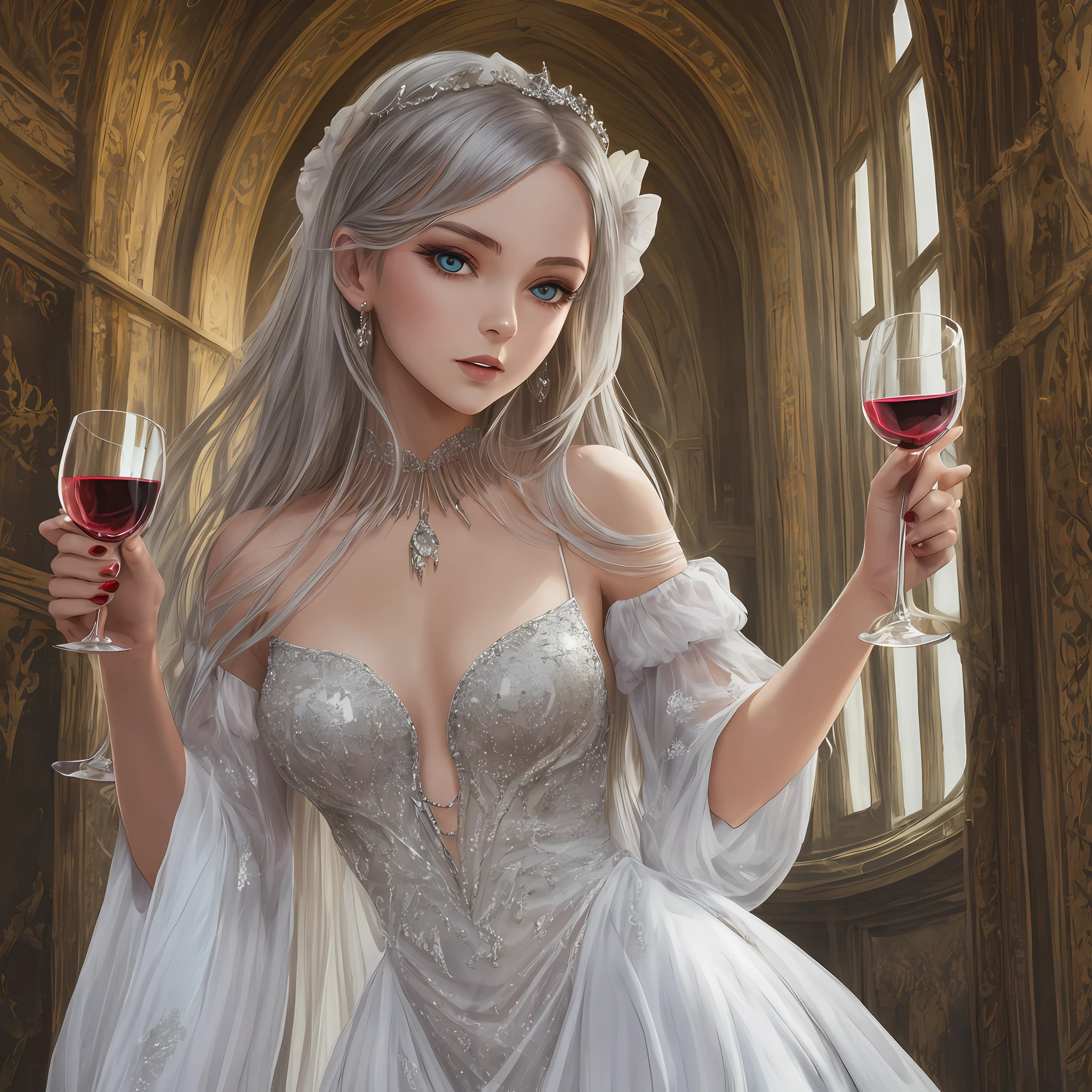 A young female vampire, beautiful, in a silver gown, holding a glass of wine in her hand. --auto --s2