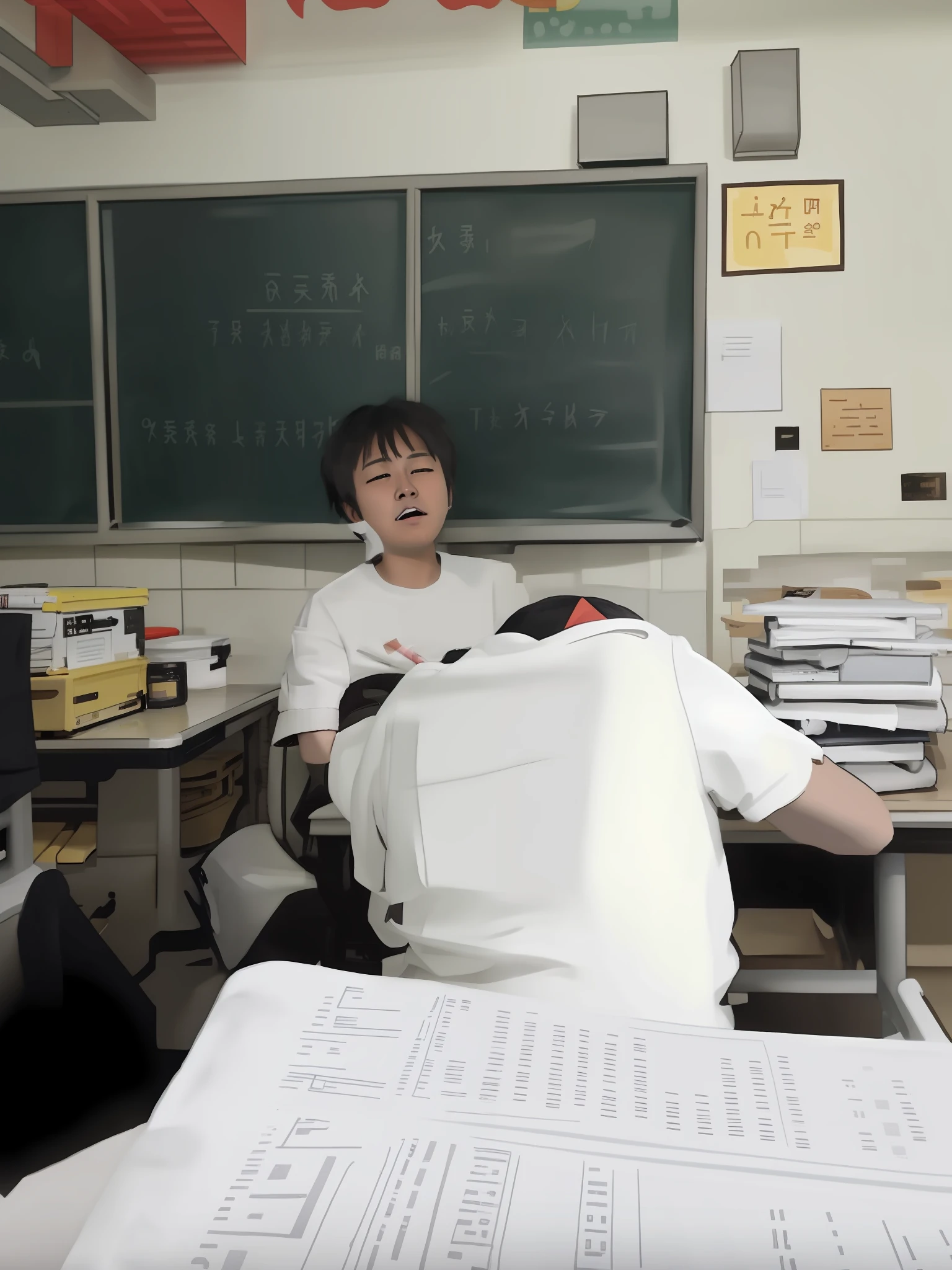 There was a man sitting at a table，On the leg is a bag, Teacher, In a classroom, In the school classroom, Student, as a strict school teacher ), Wu Liu, Sitting in the classroom, qi sheng luo, Ruan Jia and Fenghua Zhong, Lu Ji, Studious, kan liu, By Fei Danxu, typical anime classroom