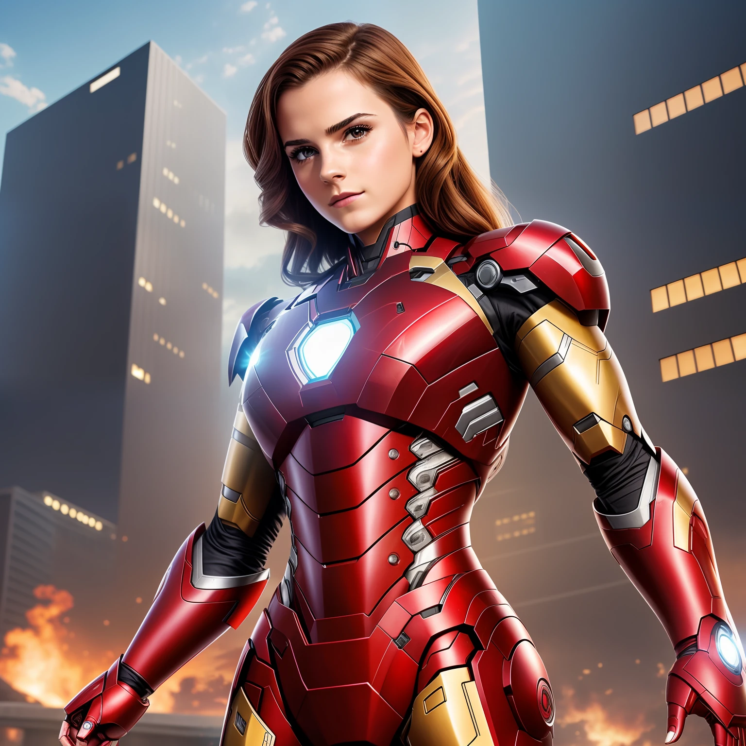 A beautiful woman in an iron man suit is displayed in front of the building,The iron heart symbolizing justice is adorable,Heroic demeanor emerges,Modern Ashkenazi Gothic,Iron Man is powerful,High quality 4K wallpaper,Unique Emma Watson as Iron Man,The plot of the movie is vividly presented,Vibrant city lighting,Marvel Universe experience,Unlimited charm in the perfect steel outfit,HD is the perfect choice for mobile wallpapers。 --auto