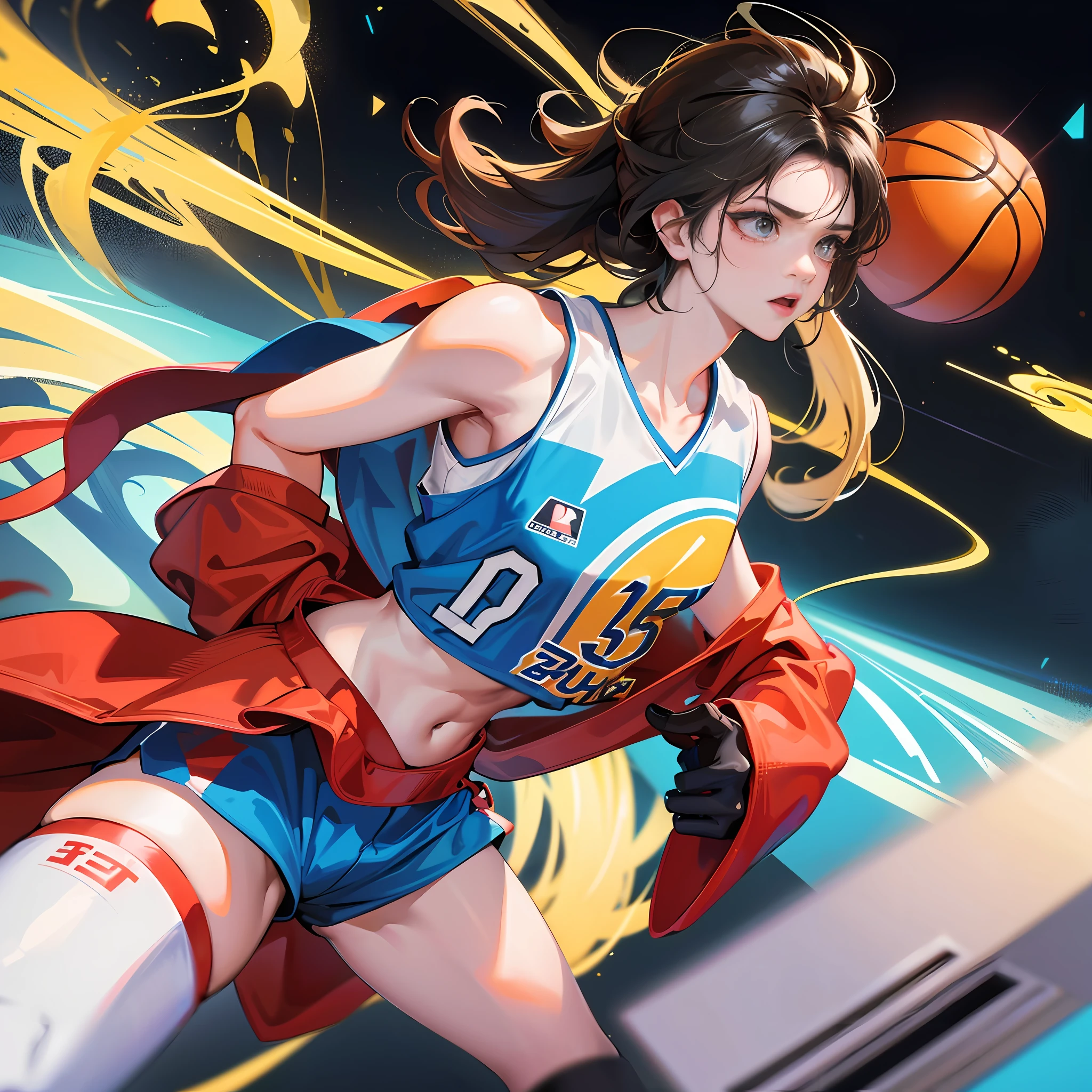 "Cartoon basketball game close-up，The players are on the field，The cover of the game，official art works，New video game cover，game promotional poster，Slam Dunk scene，Chinese bean tooth style，Inspired by Zou Yigui，hip hop vaporwave，Album art，The artistic quality is the best，The scene is full of movement，The player dribbled perfectly，High level of detail，The environment is realistic，Comic book style，Sports field details，Dynamic images。”