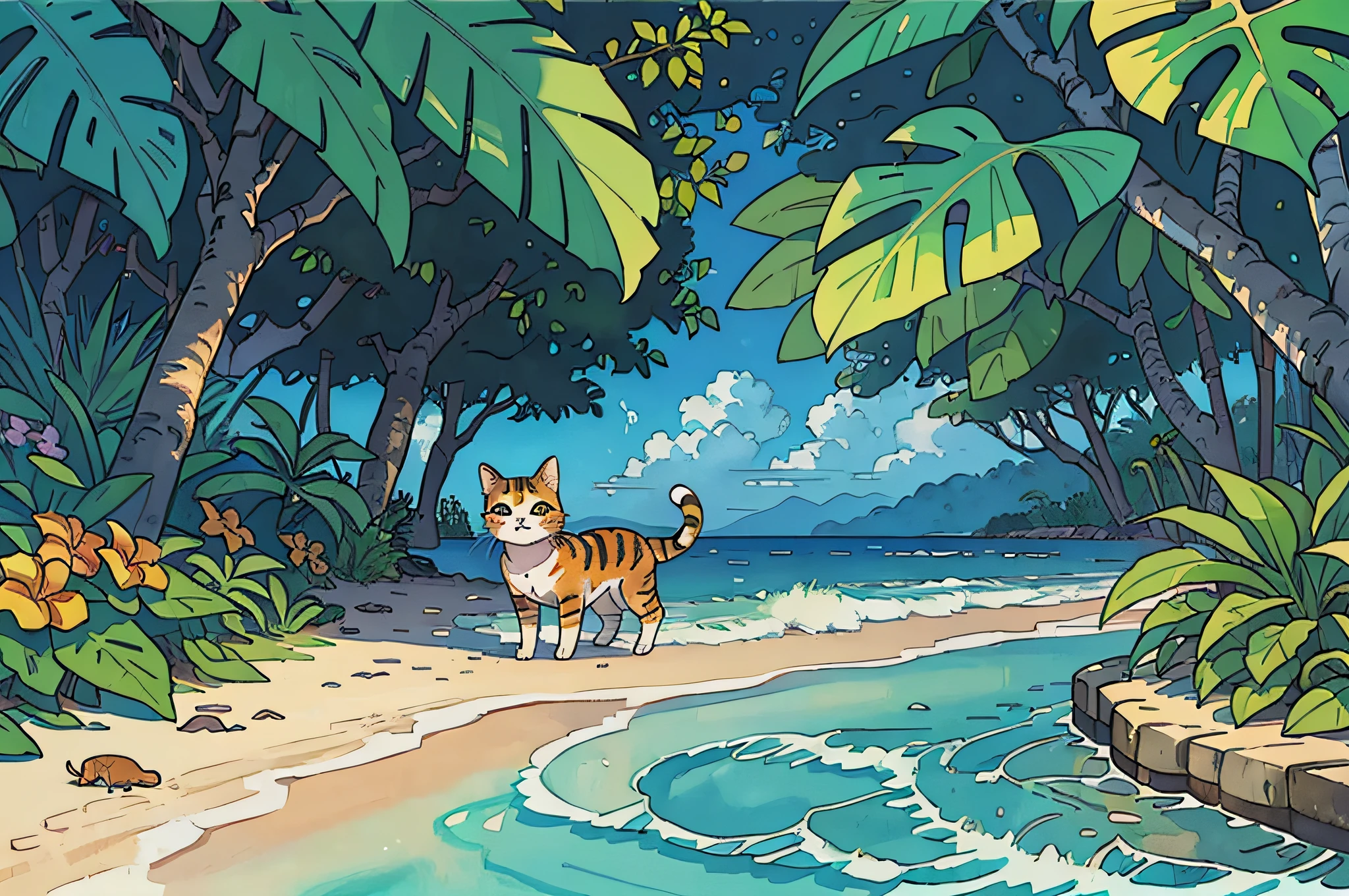 (An apprehensive feline exploring a tropical isle), (impressionistic watercolor), (feeling of anticipation and apprehension).