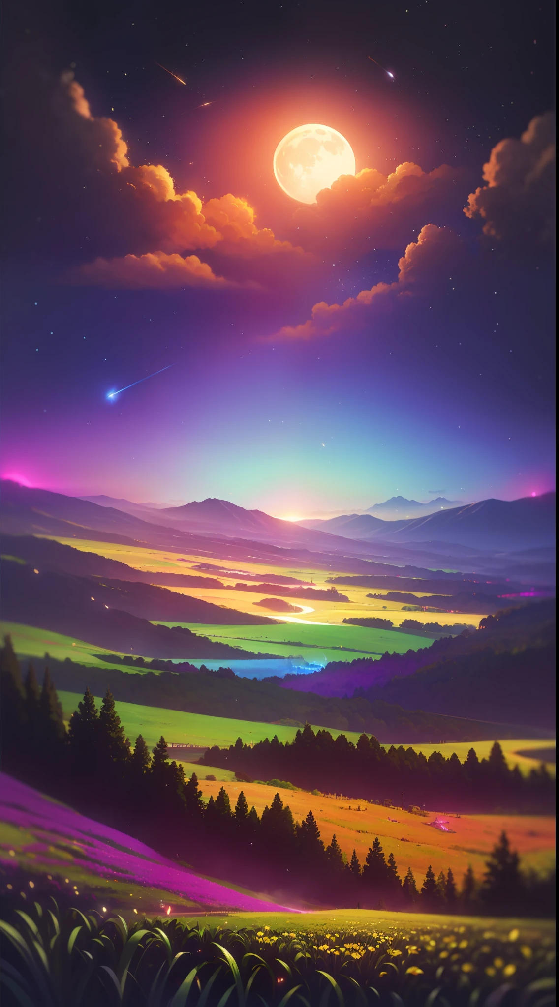 Vast landscape photo, (viewed from below, the sky is above and the open field is below), a girl standing on a flower field looking up, (full moon: 1.2), (meteor: 0.9), (nebula: 1.3), distant mountains , Trees BREAK Crafting Art, (Warm Light: 1.2), (Fireflies: 1.2), Lights, Lots of Purple and Orange, Intricate Details, Volumetric Lighting, Realism BREAK (Masterpiece: 1.2), (Best Quality), 4k, Ultra-Detailed, (Dynamic Composition: 1.4), Very Detailed, Colorful Details, (Rainbow Colors: 1.2), (Glow Lighting, Atmospheric Lighting), Dreamy, Magical, (Solo: 1.2)