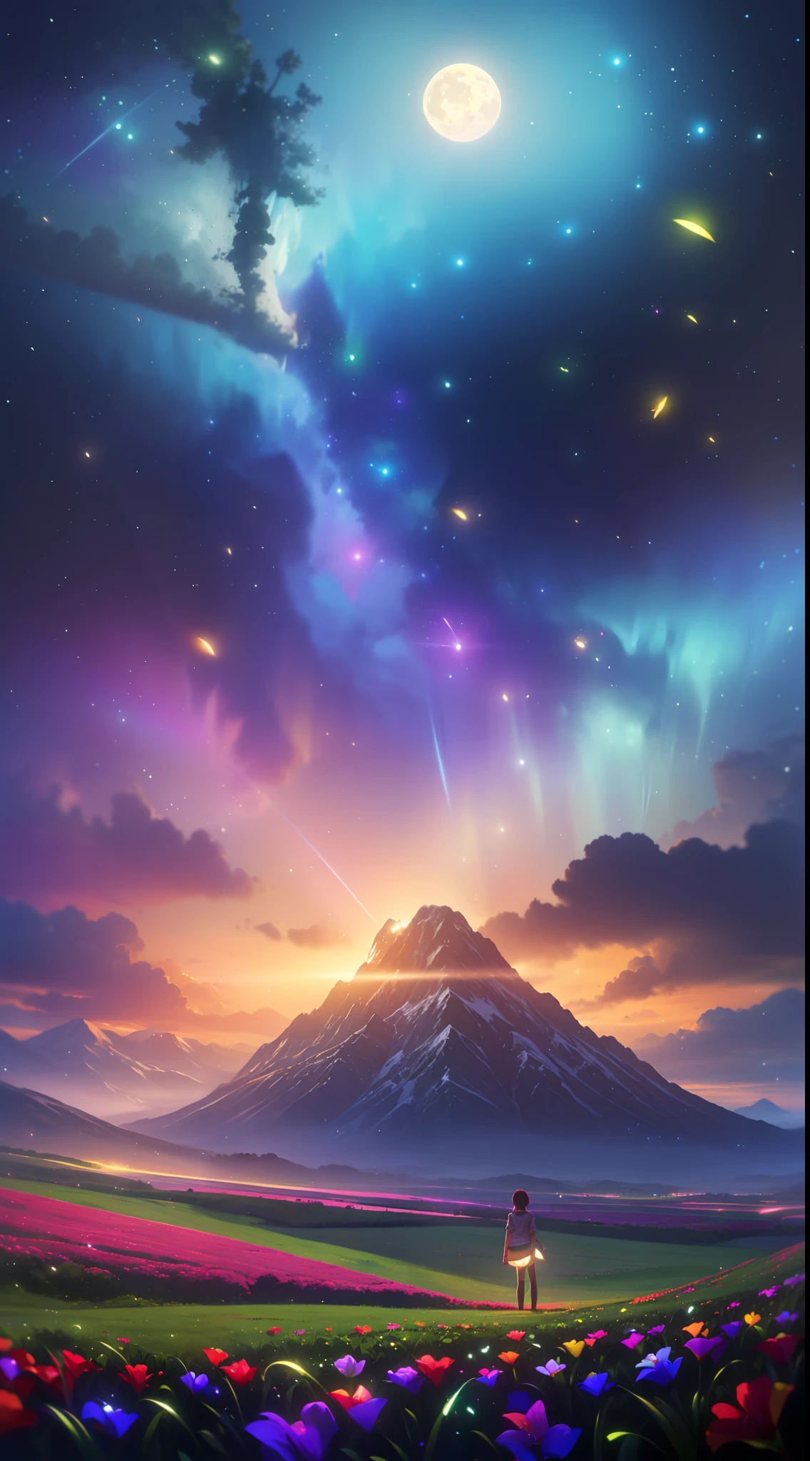 Vast landscape photo, (viewed from below, the sky is above and the open field is below), a girl standing on a flower field looking up, (full moon: 1.2), (meteor: 0.9), (nebula: 1.3), distant mountains , Trees BREAK Crafting Art, (Warm Light: 1.2), (Fireflies: 1.2), Lights, Lots of Purple and Orange, Intricate Details, Volumetric Lighting, Realism BREAK (Masterpiece: 1.2), (Best Quality), 4k, Ultra-Detailed, (Dynamic Composition: 1.4), Very Detailed, Colorful Details, (Rainbow Colors: 1.2), (Glow Lighting, Atmospheric Lighting), Dreamy, Magical, (Solo: 1.2)
