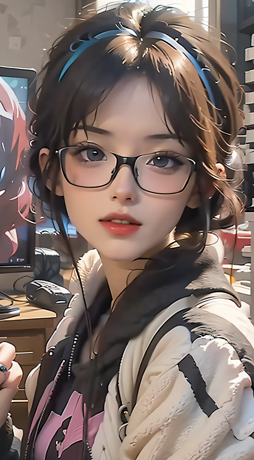 (Masterpiece), (Best Illustration), 20-year-old woman in glasses, Anime background, Game bedroom, TV with large computer, Ring lighting, Rim lighting,(Highly detailed CG Unity 8k wallpaper),(Masterpiece), (Best Quality), (Vaporwave Style), (Ultra Detailed), (Best Illustration), (Best Shadow),Perfect Lighting, Perfect Anatomy, Vibrant Colors,