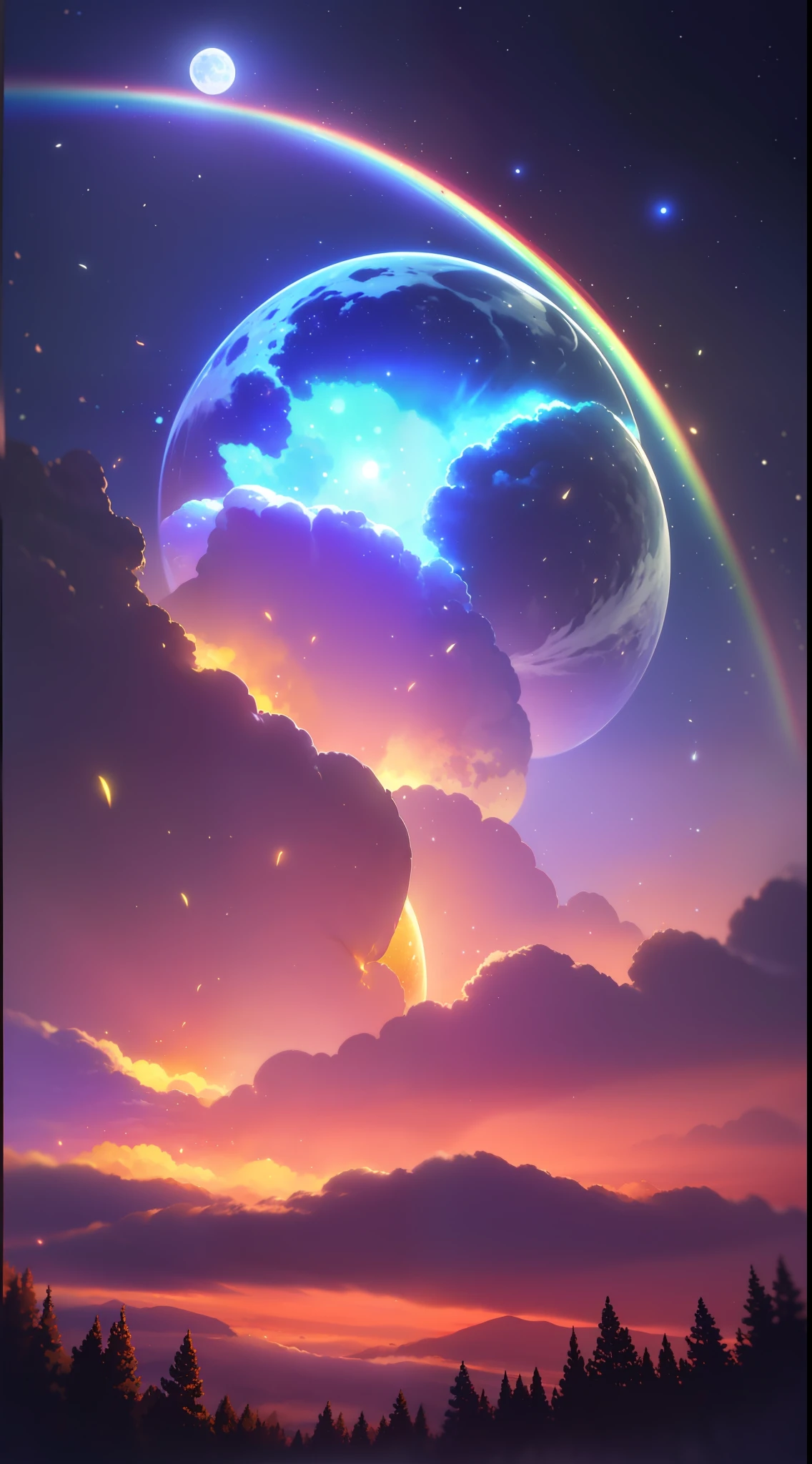 Vast landscape photo, (viewed from below, the sky is above and the open field is below), a girl standing on a flower field looking up, (full moon: 1.2), (meteor: 0.9), (nebula: 1.3), distant mountains , Trees BREAK Crafting Art, (Warm Light: 1.2), (Fireflies: 1.2), Lights, Lots of Purple and Orange, Intricate Details, Volumetric Lighting, Realism BREAK (Masterpiece: 1.2), (Best Quality), 4k, Ultra-Detailed, (Dynamic Composition: 1.4), Very Detailed, Colorful Details, (Rainbow Colors: 1.2), (Glow Lighting, Atmospheric Lighting), Dreamy, Magical, (Solo: 1.2)